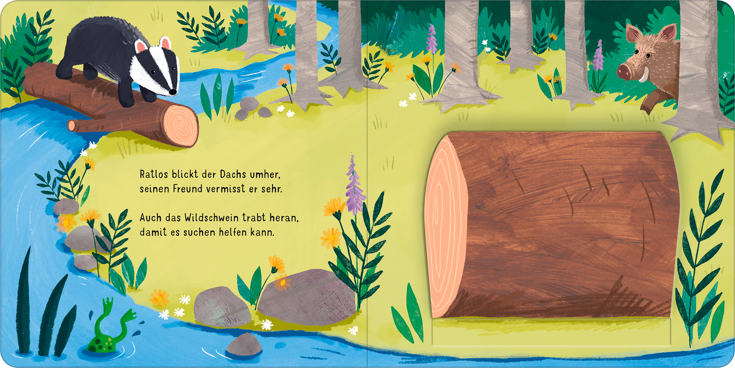 Gezeigt wird eine Innen- oder Zusatzansicht von „Klapp auf! Wer versteckt sich im Wald?“. Die Illustration zeigt einen Dachs auf einem Baumstamm in einem bunten Wald mit grünen Pflanzen, blühenden Blumen und einem Fluss. Rechts ist ein Wildschwein zu sehen. Die Farben sind lebhaft, mit dominanten Grüntönen und sanften Erdfarben. Der Text in verspielter Schrift präsentiert die Geschichte in klarer, gut lesbarer Schriftart.