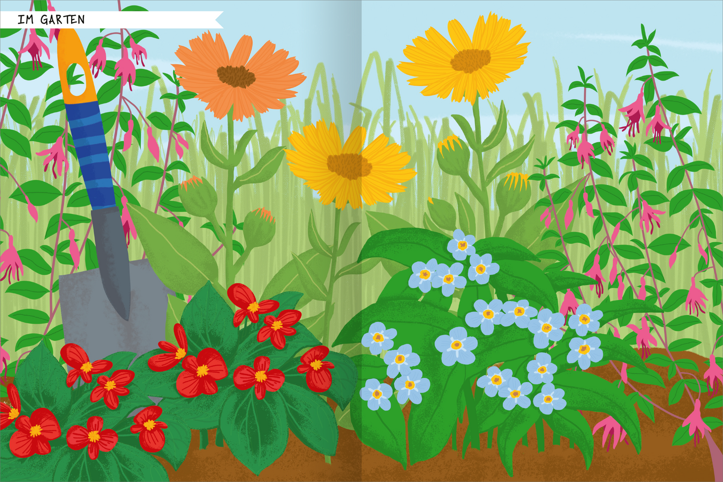 Gezeigt wird eine Innen- oder Zusatzansicht von „Naturforscher-Kids – Stickerheft Insekten“. Die Illustration zeigt einen farbenfrohen Garten mit verschiedenen Blumen, darunter orangefarbene, gelbe und rotblühende Pflanzen. Im Vordergrund steht eine Gartenschaufel, die auf der Erde platziert ist. Im Hintergrund sind hohe Gräser zu sehen. Der Titel „IM GARTEN“ ist am oberen Rand in einer spielerischen, gut lesbaren Schriftart dargestellt.