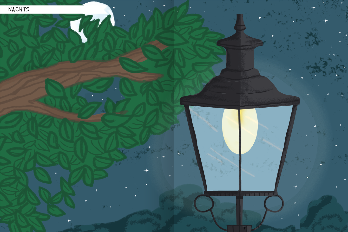 Gezeigt wird eine Innen- oder Zusatzansicht von „Naturforscher-Kids – Stickerheft Insekten“. Die Illustration zeigt eine nächtliche Szene mit einem beleuchteten Laternenpfahl und einem Baum im Vordergrund. Die Farben sind überwiegend in dunklen Blautönen gehalten, während die Laterne warmes, gelbes Licht abstrahlt. Der Schriftzug „NACHTS“ befindet sich oben links in einer klaren, gut lesbaren Schrift. Die Komposition vermittelt eine ruhige, einladende Atmosphäre.