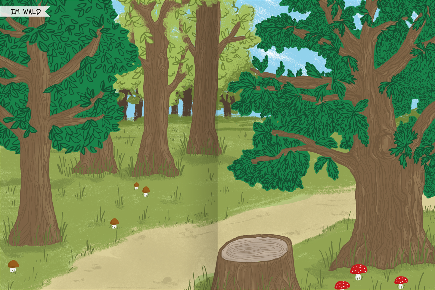 Gezeigt wird eine Innen- oder Zusatzansicht von „Naturforscher-Kids – Stickerheft Vögel“. Die Illustration zeigt eine Waldlandschaft mit grünen Bäumen und einem hellen Pfad, der durch die Szene führt. Im Vordergrund sind kleine Pilze und ein Baumstumpf abgebildet. Die Farben sind lebhaft und freundlich, dominiert von verschiedenen Grüntönen, ergänzt durch Erdtöne. Der Schriftzug „IM WALD“ oben links ist in einer klaren, verspielten Typografie gestaltet.