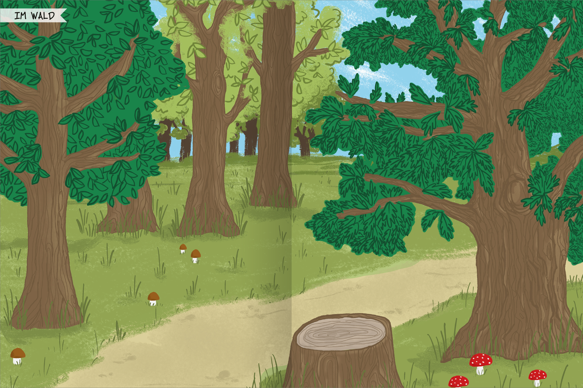 Gezeigt wird eine Innen- oder Zusatzansicht von „Naturforscher-Kids – Stickerheft Vögel“. Die Illustration zeigt eine Waldlandschaft mit grünen Bäumen und einem hellen Pfad, der durch die Szene führt. Im Vordergrund sind kleine Pilze und ein Baumstumpf abgebildet. Die Farben sind lebhaft und freundlich, dominiert von verschiedenen Grüntönen, ergänzt durch Erdtöne. Der Schriftzug „IM WALD“ oben links ist in einer klaren, verspielten Typografie gestaltet.