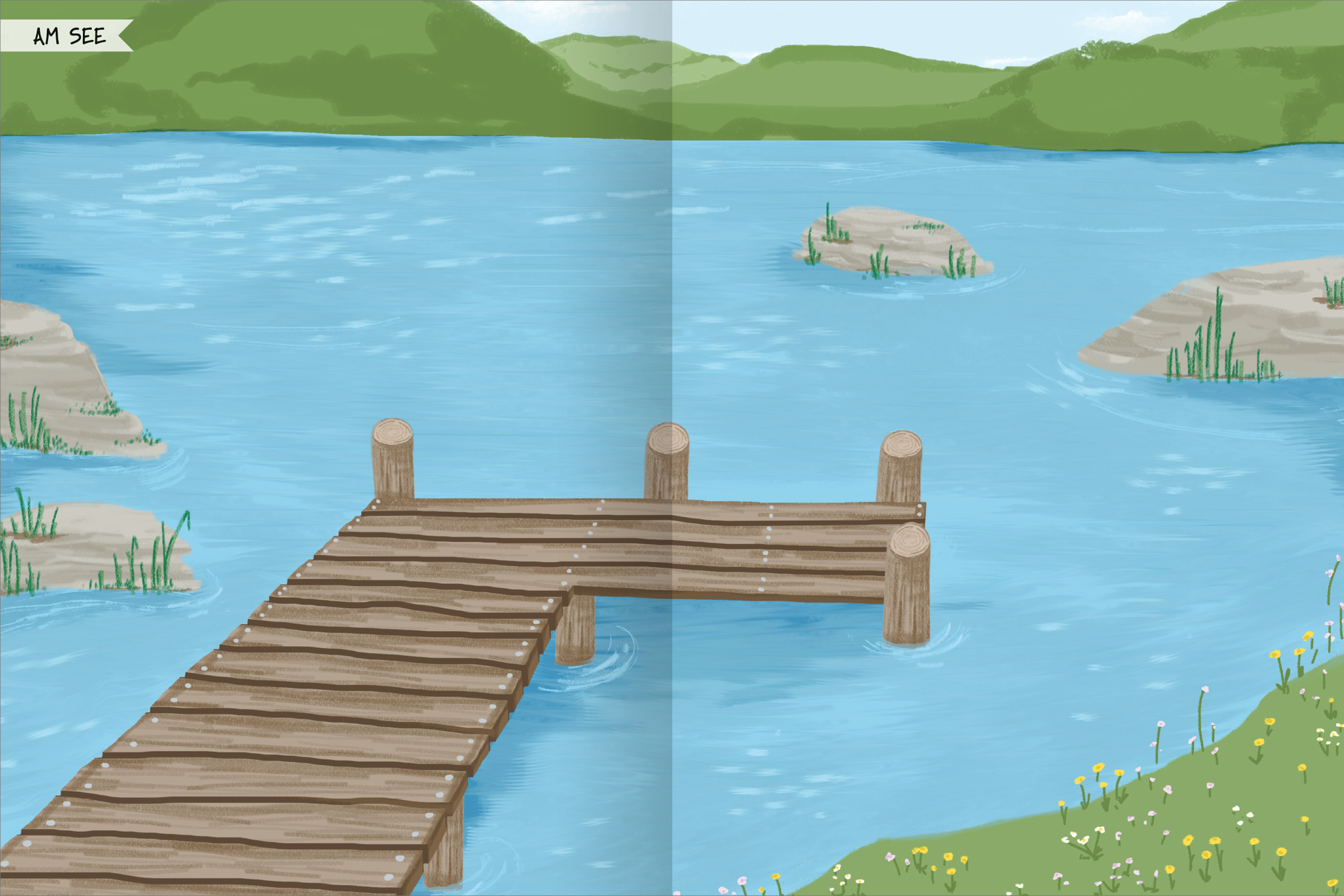 Gezeigt wird eine Innen- oder Zusatzansicht von „Naturforscher-Kids – Stickerheft Vögel“. Die Illustration zeigt einen ruhigen See mit einem Holzsteg, der ins Wasser führt. Das Wasser ist in sanften Blautönen gehalten und spiegelt die umgebenden grünen Hügel wider. Kleine Steine und Pflanzen sind sichtbar, während am Ufer bunte Wildblumen wachsen. Die Typografie des Titels „AM SEE“ ist in einer verspielten, handschriftlichen Schriftart gestaltet, die das kindliche Thema...