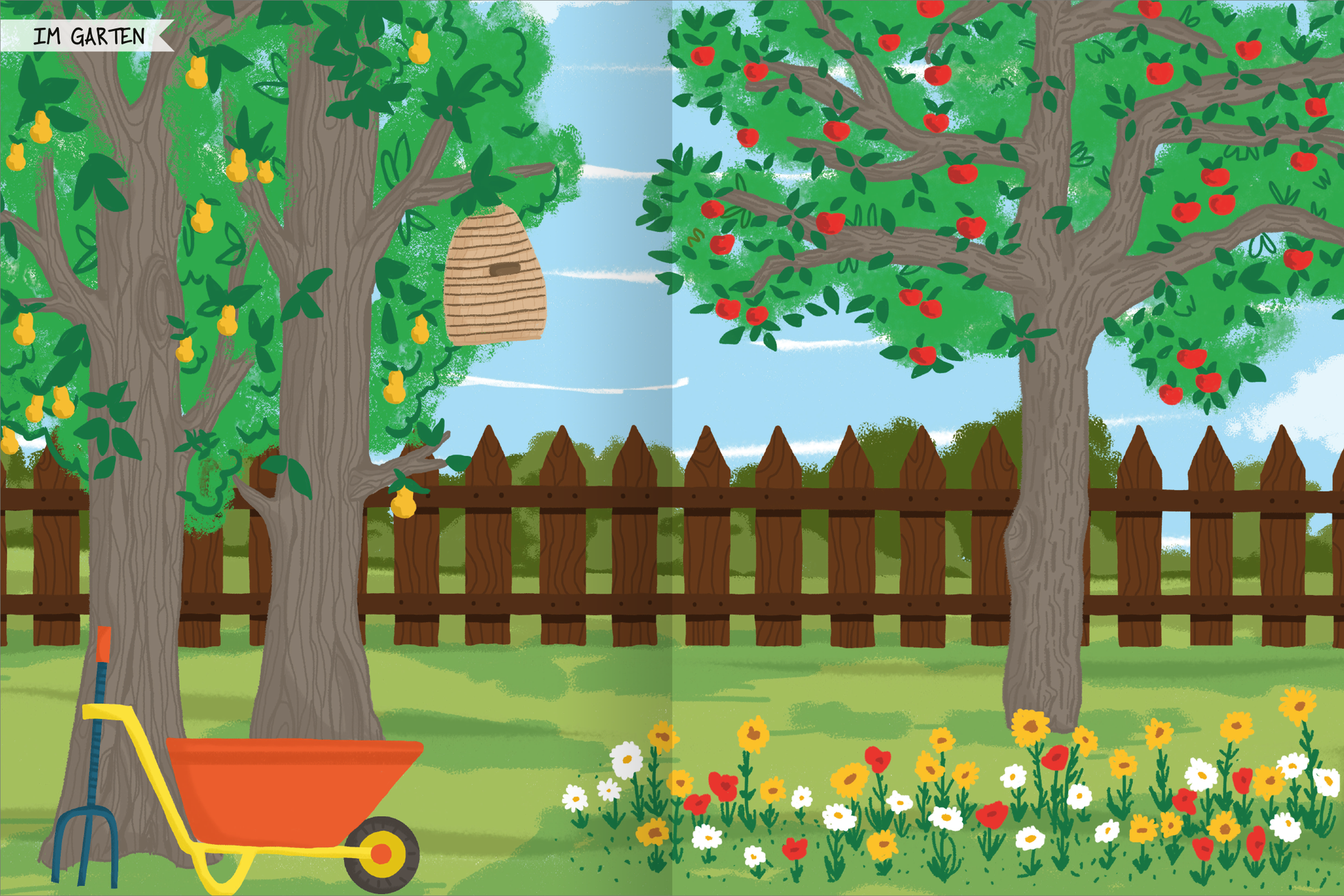Gezeigt wird eine Innen- oder Zusatzansicht von „Naturforscher-Kids – Stickerheft Vögel“. Auf der bunten Illustration sind zwei große Obstbäume mit grünen Blättern und roten sowie gelben Früchten zu sehen. Ein Bienenstock hängt zwischen den Ästen. Im Vordergrund steht eine orangefarbene Schubkarre, umgeben von bunten Blumen in verschiedenen Formen und Farben. Der Hintergrund zeigt einen dichten Holzzaun und einen hellblauen Himmel, was eine lebendige Gartenatmosphäre vermittelt....