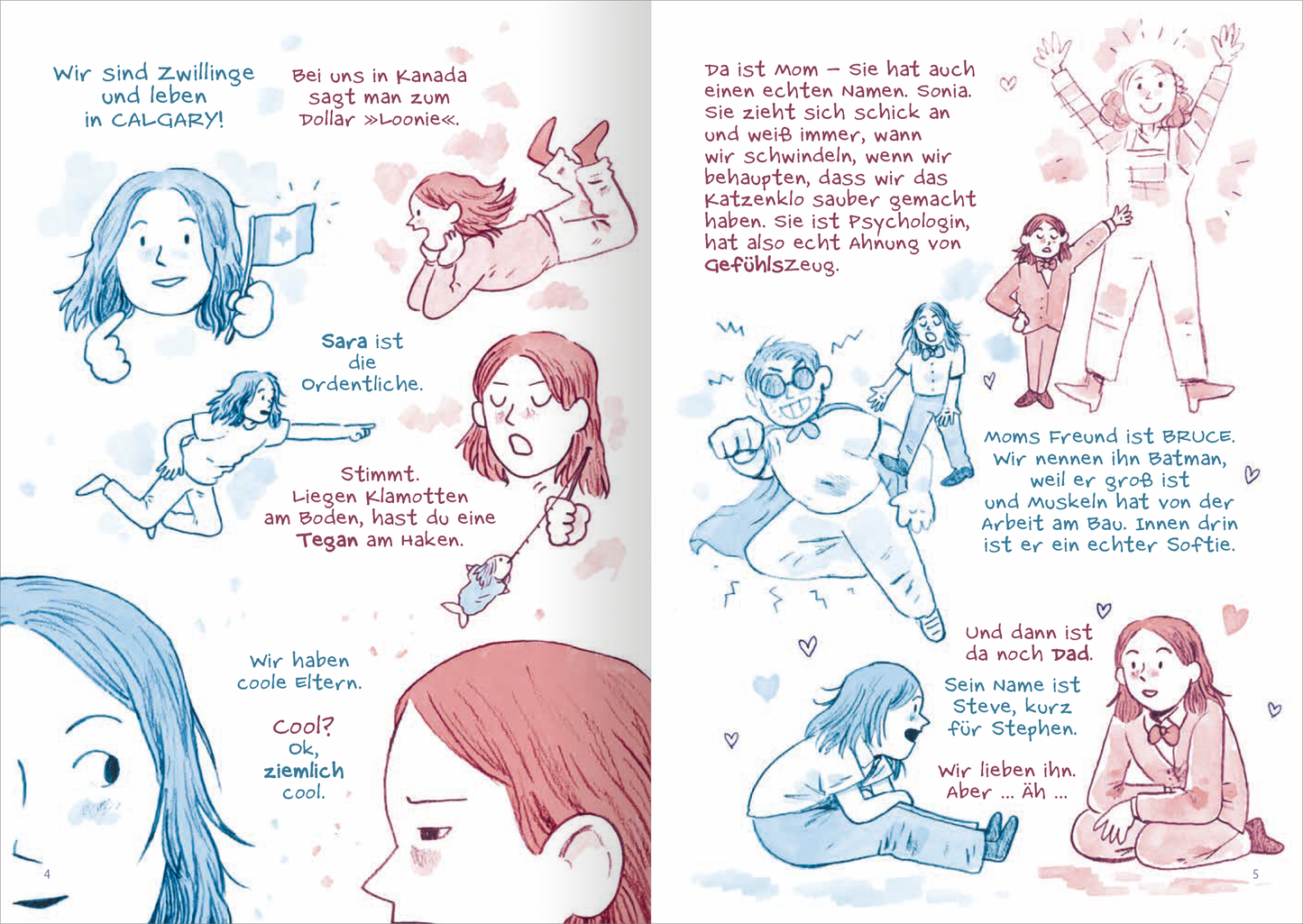 Gezeigt wird eine Innen- oder Zusatzansicht von „Junior High – Chaos im Doppelpack“. Die Seite zeigt eine Mischung aus sanften Blau- und Rosatönen, die die Illustrationen umrahmen. Zwei Zwillingsfiguren im Comic-Stil sind in unterschiedlichen Posen abgebildet, während Textblasen ihre Dialoge wiedergeben. Die Typografie ist modern und gut lesbar, wobei die Schriftgrößen variieren, um die Aufmerksamkeit auf bestimmte Informationen zu lenken. Die spielerische Anordnung der Elemente sorgt...