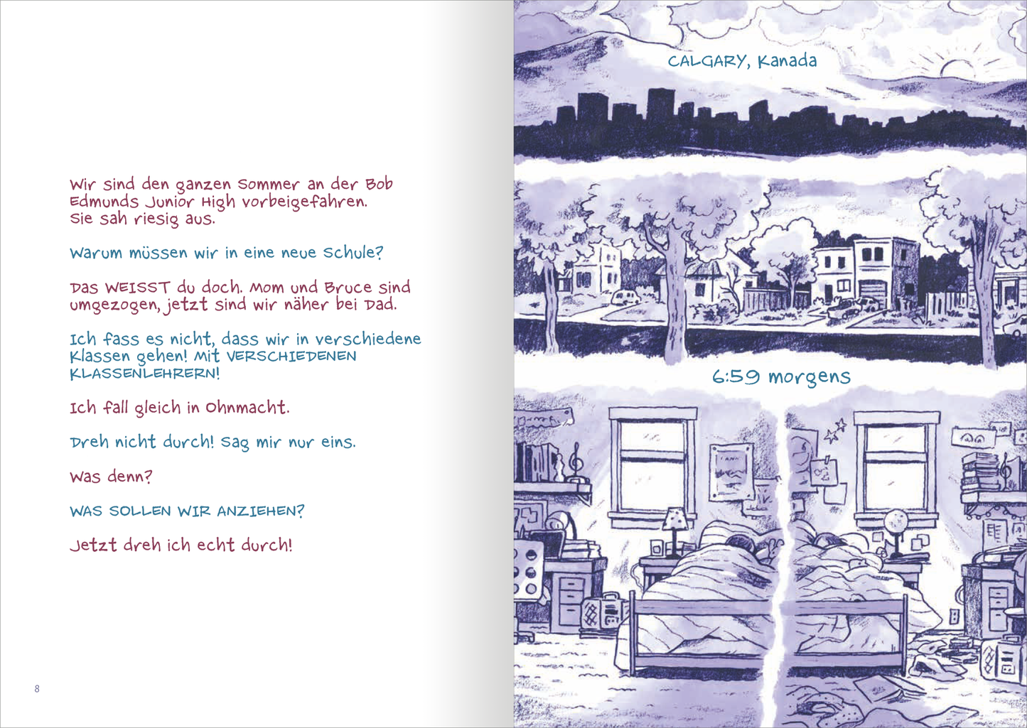 Gezeigt wird eine Innen- oder Zusatzansicht von „Junior High – Chaos im Doppelpack“. Die Seite kombiniert hellblaue und violette Töne mit handgezeichneten Illustrationen. Oben links ist eine Stadtansicht von Calgary zu sehen, während die rechte Seite eine Schlafzimmer-Szene zeigt, in der zwei Betten zu erkennen sind. Der Text ist in zwei verschiedenen Schriften gestaltet: eine verspielte, bunte Schrift für die lässigen Dialoge und eine klare, serifenlose Schrift für den Fließtext.