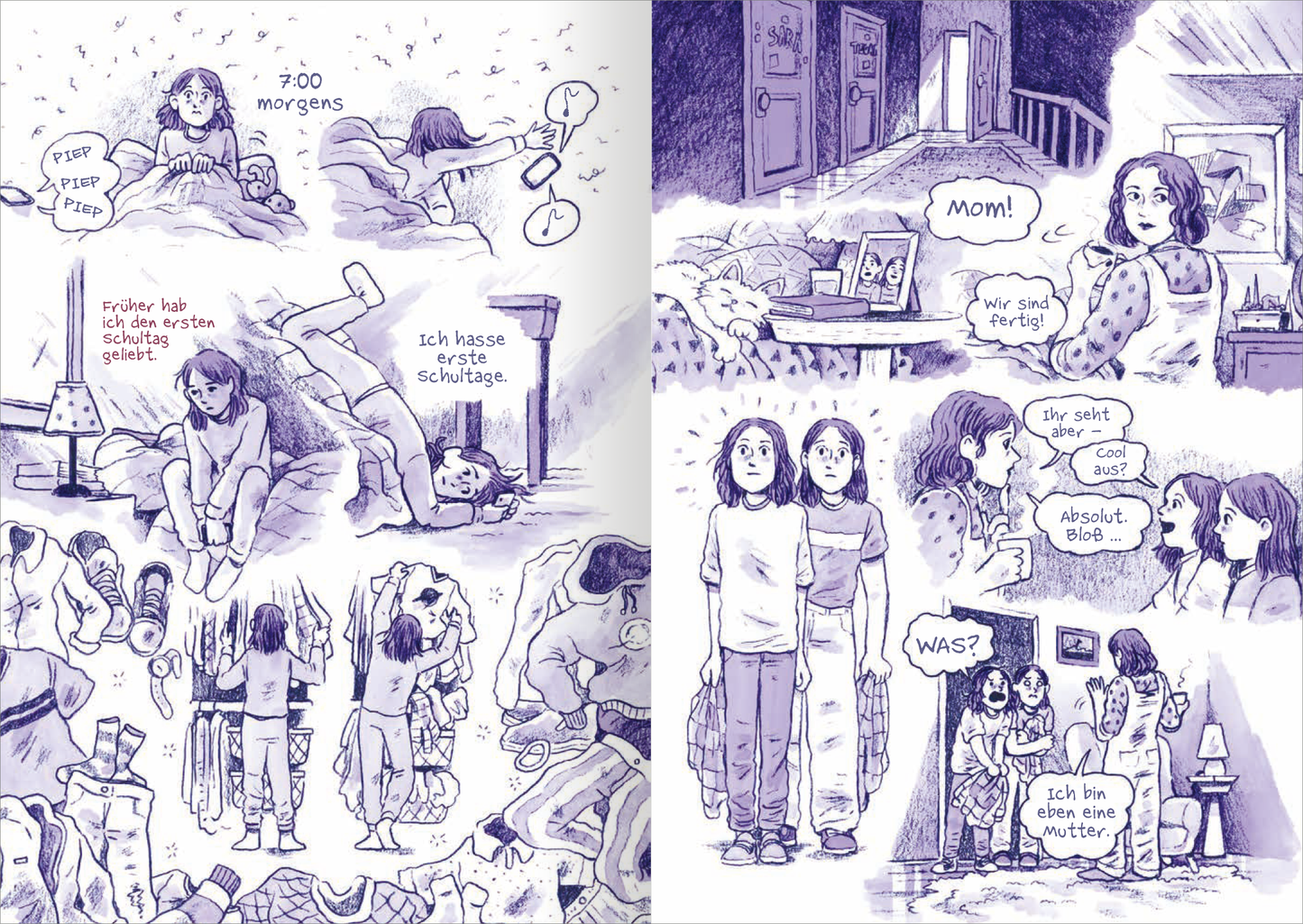 Gezeigt wird eine Innen- oder Zusatzansicht von „Junior High – Chaos im Doppelpack“. Die Illustration zeigt verschiedene Szenen aus dem Alltag der Protagonisten in violetten Farbtönen. Darstellungen umfassen Jungen und Mädchen, die sich in einem chaotischen Raum bewegen. Die Figuren sind in lockerer, comicartiger Typografie beschriftet, was die Dialoge lebendig wirken lässt. Die gezeichneten Details vermitteln eine spielerische, unorganisierte Atmosphäre, die die Herausforderungen des...