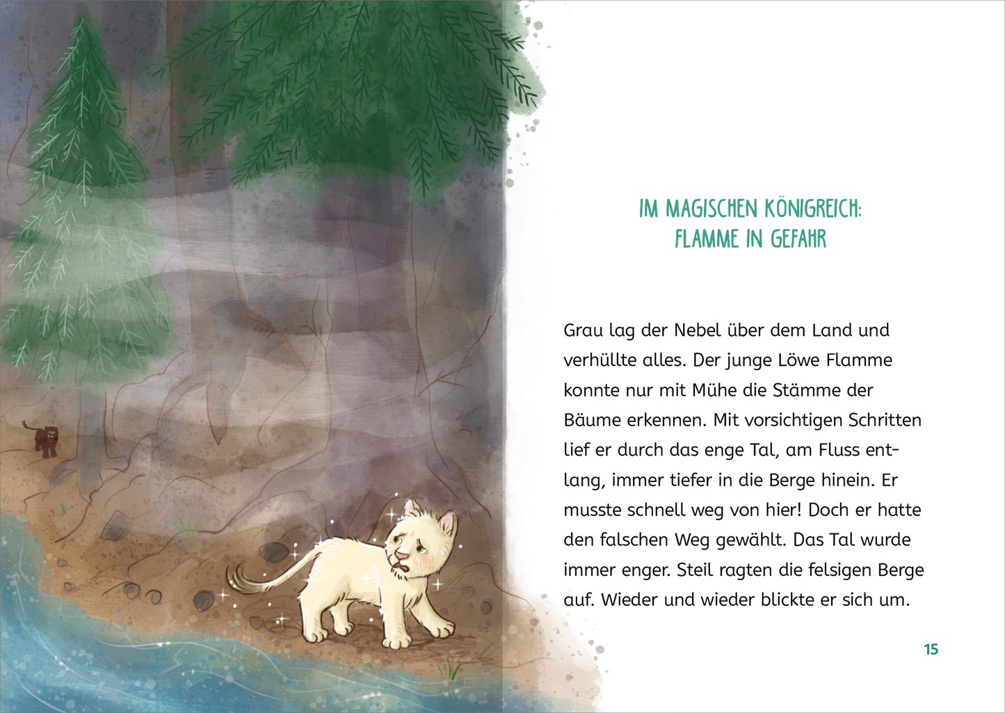 Gezeigt wird eine Innenansicht von „Zauberkätzchen“. Auf der linken Seite ist eine illustrierte Szene, in der ein kleiner, freundlich aussehender weißer Kater am Fluss steht, umgeben von grünen Bäumen. Rechts ist der Text in einer klaren, leicht lesbaren Schriftart in dunkler Farbe geschrieben, auf einem hellen Hintergrund. Der Text beschreibt eine mysteriöse und abenteuerliche Situation. Die Farbpalette ist sanft und ruhig, mit sanften Blautönen des Wassers und sattem Grün der...