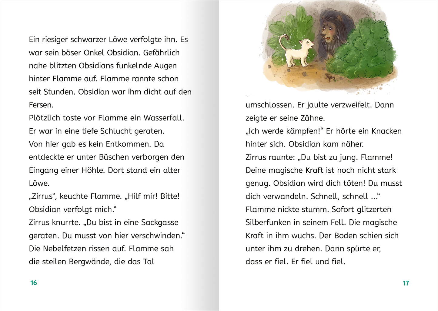 Gezeigt wird eine Innen- oder Zusatzansicht von „Zauberkätzchen“. Die Doppelseite zeigt einen spannenden Moment, in dem die Protagonistin Flamme einem bedrohten Löwen begegnet. Auf der linken Seite ist ein engagierter Text in klarer, serifenloser Schrift, der mit tiefem Schwarz gedruckt ist. Die rechte Seite präsentiert eine lebendige Illustration des Löwen und einer geheimnisvollen Höhle in sanften Grüntönen und Erdtönen. Der Hintergrund ist in einem sanften Weiß gehalten, was...
