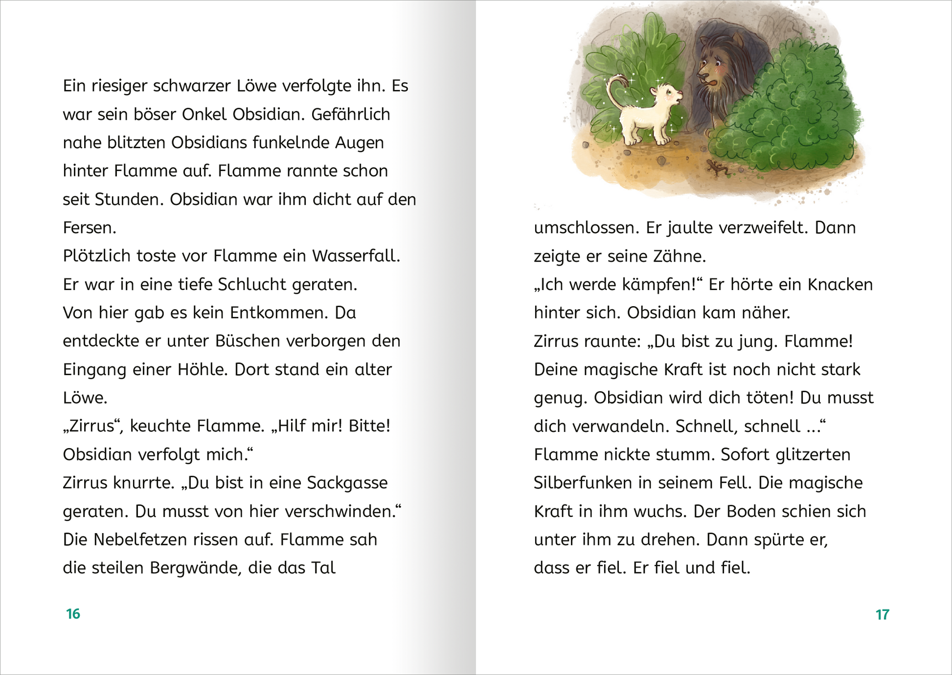 Gezeigt wird eine Innen- oder Zusatzansicht von „Zauberkätzchen“. Die Doppelseite zeigt einen spannenden Moment, in dem die Protagonistin Flamme einem bedrohten Löwen begegnet. Auf der linken Seite ist ein engagierter Text in klarer, serifenloser Schrift, der mit tiefem Schwarz gedruckt ist. Die rechte Seite präsentiert eine lebendige Illustration des Löwen und einer geheimnisvollen Höhle in sanften Grüntönen und Erdtönen. Der Hintergrund ist in einem sanften Weiß gehalten, was...