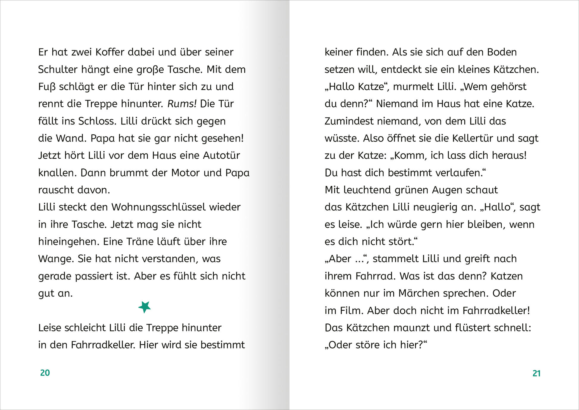 Gezeigt wird eine Innen- oder Zusatzansicht von „Zauberkätzchen“. Die Seiten sind in sanften Pastellfarben gehalten, mit viel Weißraum, der die Lesbarkeit fördert. Die Typografie ist groß und gut lesbar, wobei die Textstelle in Schwarz auf hellem Hintergrund steht. Neben dem Text ist eine liebevolle Illustration eines kleinen Kätzchens abgebildet, das neugierig in die Welt blickt. Die Atmosphäre vermittelt eine Mischung aus Abenteuer und kindlicher Neugier.