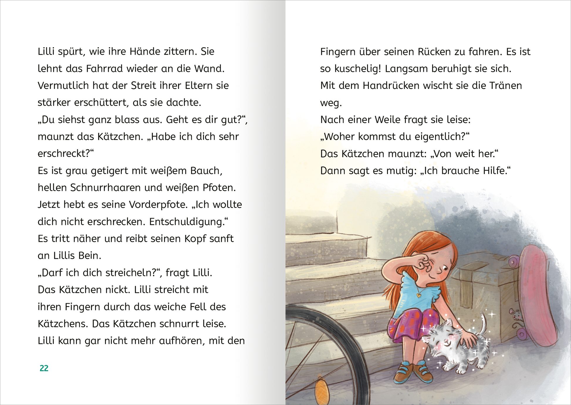 Gezeigt wird eine Innen- oder Zusatzansicht von „Zauberkätzchen“. Die Seite zeigt eine junge, rothaarige Mädchenfigur, die liebevoll ein graues Kätzchen mit weißem Bauch und Pfoten streichelt. Die Farben sind sanft und freundlich, mit einem hellblauen Hintergrund. Die Typografie ist klar und gut lesbar, in schwarzer Schrift auf weißem Grund, was die Lesbarkeit fördert. Szenenwechsel zwischen der Außentapete und dem Mädchen verdeutlicht emotionale Momente, die Zuneigung und Trost...