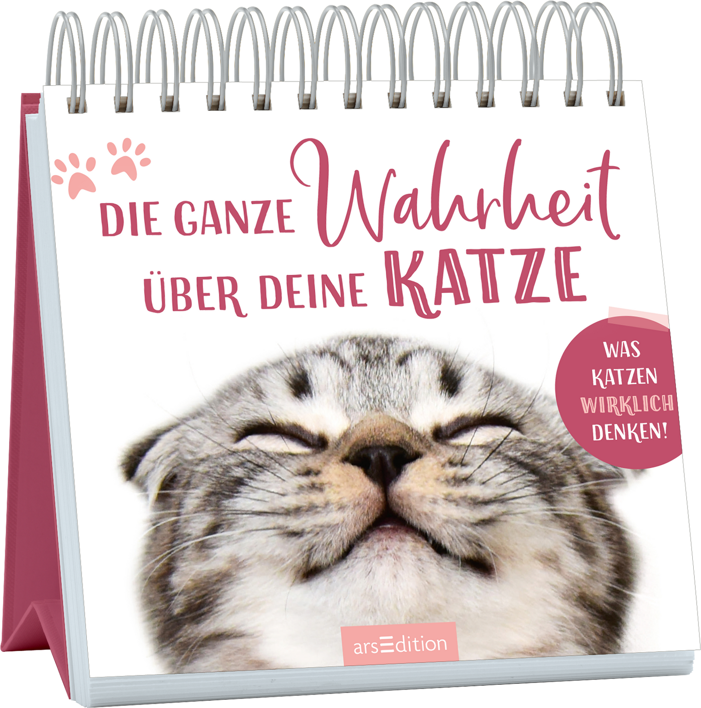 Das Buchcover zeigt einen lächelnden grau-getigerten Kater mit geschlossenen Augen, der ein Gefühl von Zufriedenheit ausstrahlt. Der Titel „DIE GANZE WAHRHEIT ÜBER DEINE KATZE“ ist in großen, verspielten rot-pinken Buchstaben gestaltet, während das Wort „KATZE“ besonders hervorgehoben wird. Ein runder, roter Button enthält den Text „WAS KATZEN WIRKLICH DENKEN!“. Die sanften Farben und das freundliche Tiermotiv vermitteln eine lockere, humorvolle Atmosphäre. Ganz unten mittig...