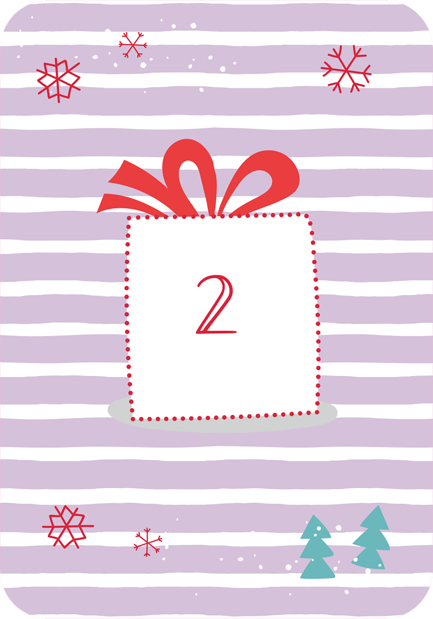 Gezeigt wird eine Innen- oder Zusatzansicht von „Abhängen im Advent“. Die Illustration zeigt ein Geschenk mit einer roten Schleife auf einem lila gestreiften Hintergrund. Auf dem Geschenk prangt die Zahl „2“ in roter Schrift, umrandet von einem punktierten Rand. Um das Geschenk herum sind dekorative Elemente wie Schneeflocken und kleine grüne Tannenbäume in lebhaften Farben angeordnet, die eine festliche Stimmung erzeugen.