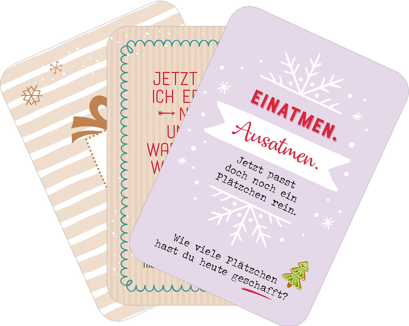 Gezeigt wird eine Innen- oder Zusatzansicht von „Abhängen im Advent“. Die drei Karten präsentieren unterschiedliche Designs: eine mit schlichten, braunen Streifen und einer Geschenk-Illustration, eine mit grüner, verschnörkelter Schrift und rotem Text sowie eine in sanftem Lila mit großen, weißen Schriftzügen und Schneeflocken-Motiven. Die Typografie ist modern und klar, ergänzt durch weihnachtliche Illustrationen und Farben, die eine festliche Stimmung vermitteln.
