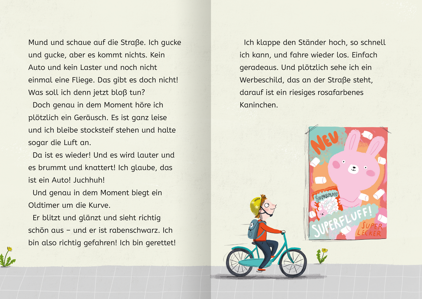 Gezeigt wird eine Innen- oder Zusatzansicht von „Lasse in der 1. Klasse“. Die Seite enthält handgezeichnete Illustrationen, die einen Jungen auf einem Fahrrad zeigen, während er auf die Straße schaut. Die Farben sind lebhaft und fröhlich. Rechts befindet sich ein Werbeschild mit einem großen, rosa Kaninchen und dem Schriftzug „NEU“. Die Schrift ist klar und gut lesbar, passend für Kinder.