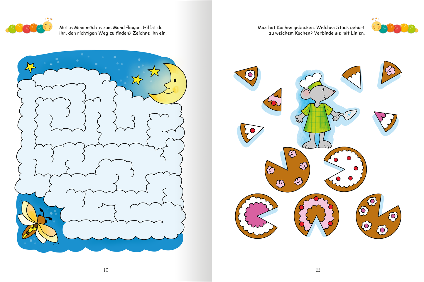 Gezeigt wird eine Innen- oder Zusatzansicht von „Lernraupe – Mein Übungsheft – Denkspiele“. Die linke Seite zeigt ein labyrinthisches Design mit hellblauen Wolken und einem gelben Mond, umgeben von kleinen, bunten Insekten. Auf der rechten Seite befindet sich eine farbenfrohe Illustration einer Maus in einem gestreiften Kleid. Sie hält eine Torte, während verschiedene Kuchenstücke in lebhaften Farben wie Rosa, Braun und Gelb darum angeordnet sind. Die Schrift ist klar und...