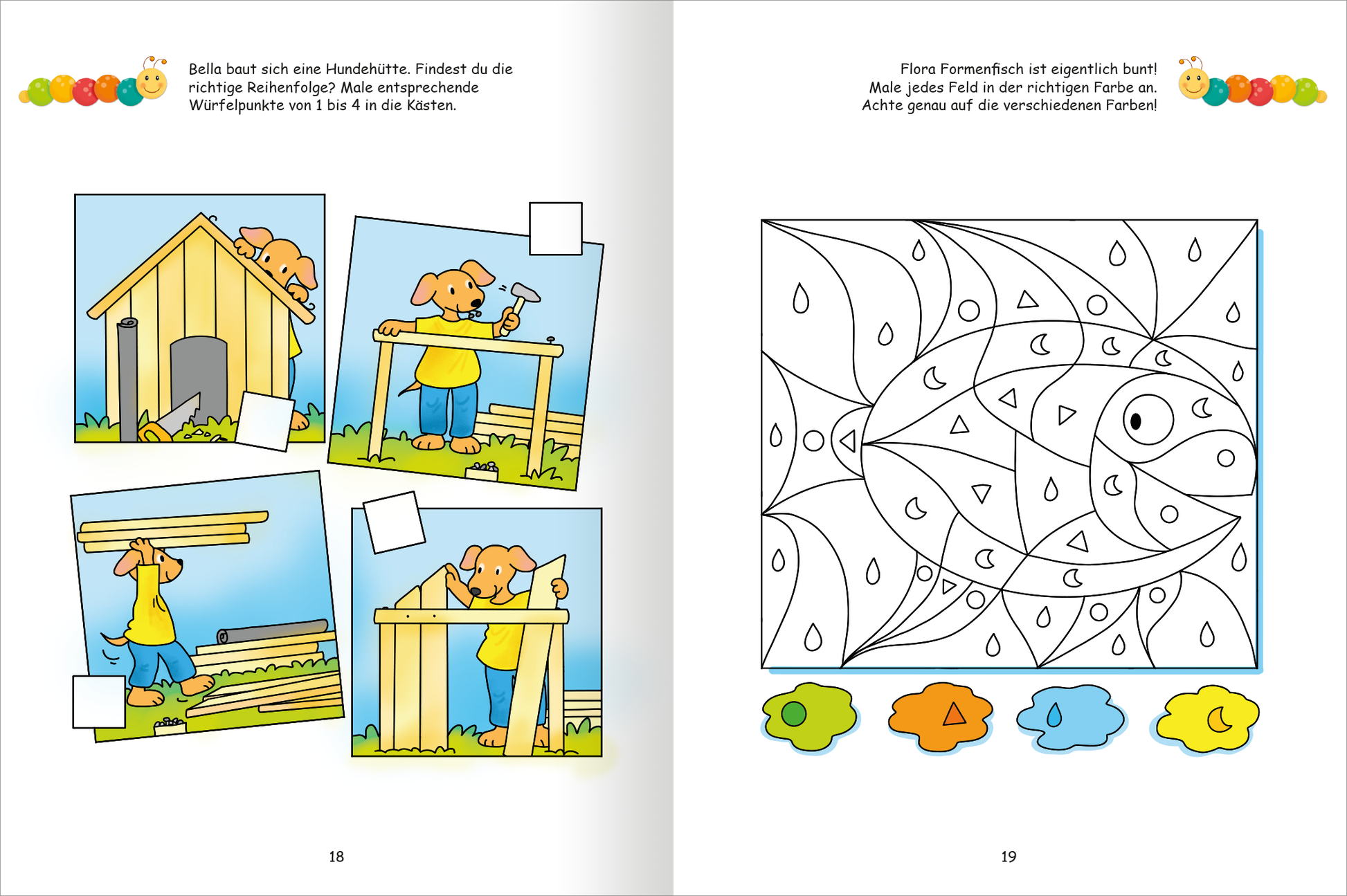 Gezeigt wird eine Innen- oder Zusatzansicht von „Lernraupe – Mein Übungsheft – Denkspiele“. Auf der linken Seite sind vier Bilder, die einen Hund zeigen, der ein Hundehäuschen baut. Die Illustrationen sind farbenfroh und freundlich gestaltet, mit einer überwiegenden Verwendung von Blau, Gelb und Grün. Auf der rechten Seite befindet sich ein Ausmalbild mit einem Fisch, umgeben von tropfenförmigen Mustern. Darunter sind fünf Farboptionen dargestellt, die in sanften Pastelltönen...