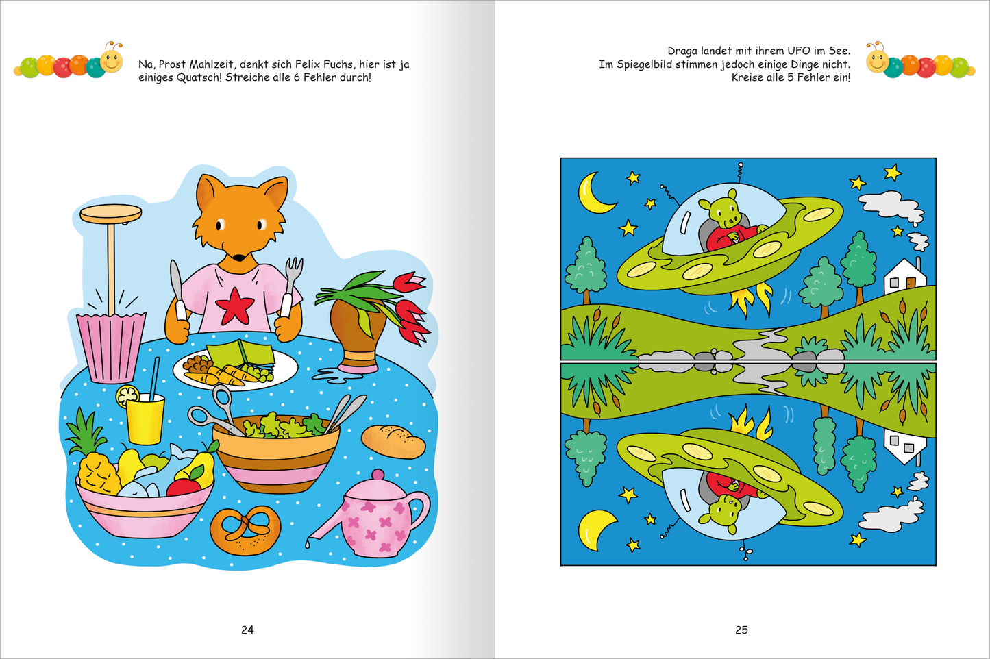 Gezeigt wird eine Innen- oder Zusatzansicht von „Lernraupe – Mein Übungsheft – Denkspiele“. Auf der linken Seite ist ein farbenfrohes, cartoonhaftes Bild eines Fuchs in einer Küche zu sehen, umgeben von Obst, Gemüse und Geschirr. Die rechte Seite zeigt eine illustrierte Szene mit einem UFO und einer grünen Landschaft bei Nacht, unter einem klaren blauen Himmel. Die Schrift ist kindgerecht und farbenfroh, unterstreicht den spielerischen Charakter des Heftes.