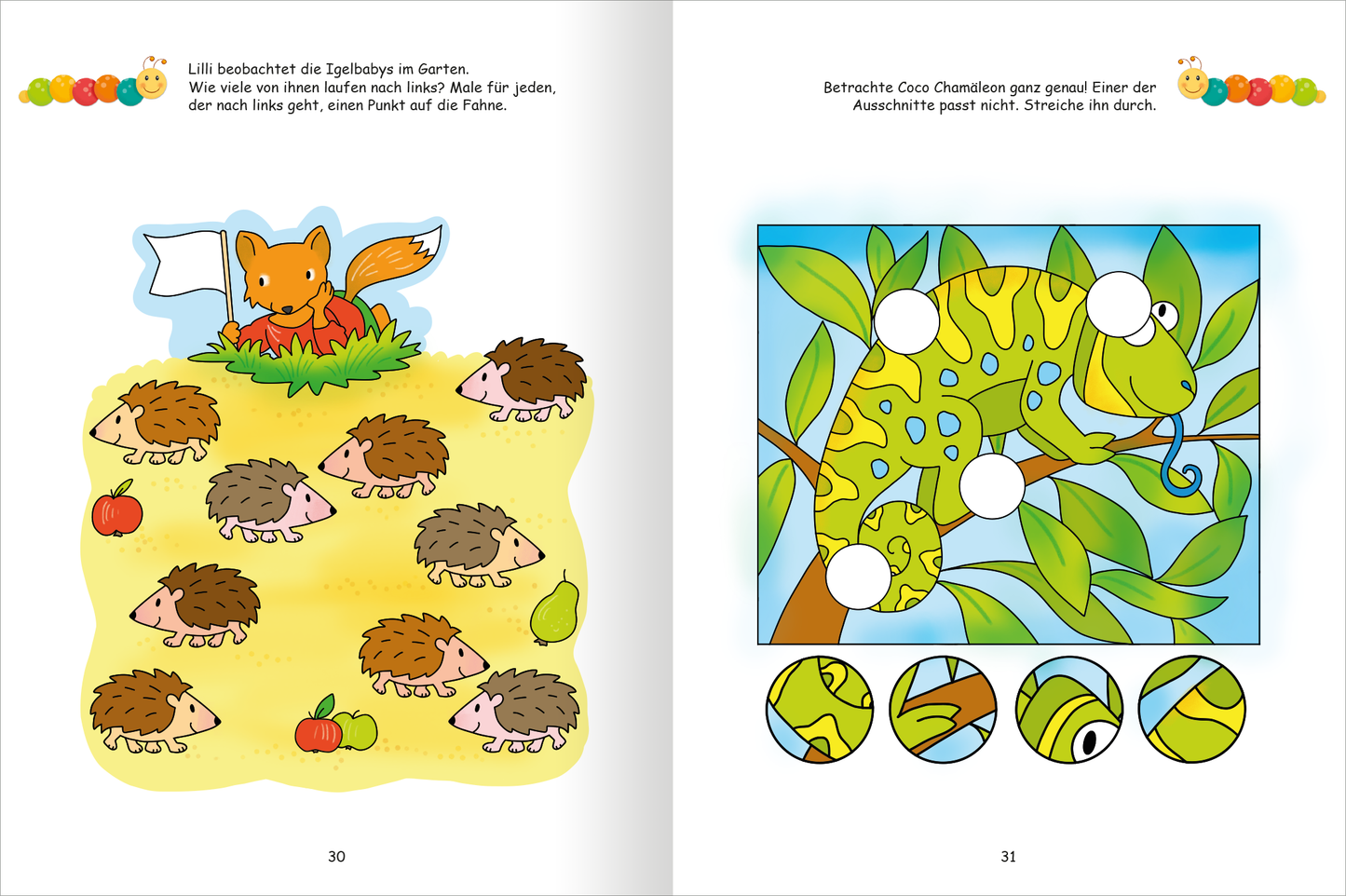 Gezeigt wird eine Innen- oder Zusatzansicht von „Lernraupe – Mein Übungsheft – Denkspiele“. Auf der linken Seite sind eine spielerische Illustration eines Fuchses sowie mehrere Igel abgebildet, umgeben von bunten Äpfeln und einer grünen Wiese. Die rechte Seite zeigt einen Chamäleon auf einem Baum mit buntem, geometrischem Hintergrund und passenden runden Ausschnitten. Die Comic-artige Typografie ist kindgerecht und freundlich, die Farben sind lebhaft und ansprechend.