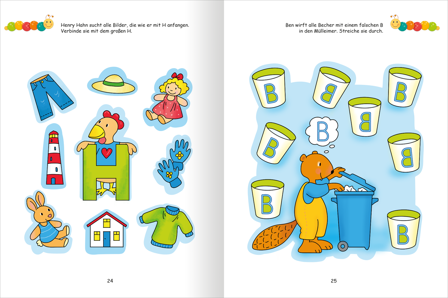 Gezeigt wird eine Innen- oder Zusatzansicht von „Lernraupe – Mein Übungsheft – Erste Buchstaben“. Auf der linken Seite sind bunte, kindgerechte Illustrationen zu sehen, darunter eine Hose, eine Puppe und ein Leuchtturm. Die Bilder sind umrahmt und heben sich klar vom weißen Hintergrund ab. Auf der rechten Seite befindet sich eine Zeichnung eines niedlichen Eichhörnchens, das mit Behältern interagiert. Die Typografie ist einfach und gut lesbar, mit großen, bunten Buchstaben, die den...