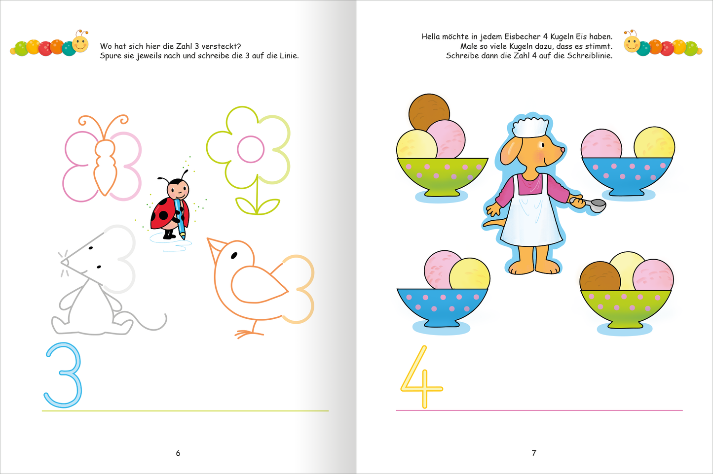 Gezeigt wird eine Innen- oder Zusatzansicht von „Lernraupe – Mein Übungsheft – Mengen und Zahlen“. Die Seiten sind hell gestaltet und enthalten bunte Illustrationen von Tieren und Blumen. Auf der linken Seite sind eine Maus, ein Vogel, eine Käferfigur und eine Blume zu sehen, die durch zarte Linien umrandet sind. Die Zahl „3“ ist in sanften Farben geschrieben. Auf der rechten Seite präsentiert sich ein Hund in einer Schürze, der Eis in bunten Schalen hält. Die Zahl „4“ ist...