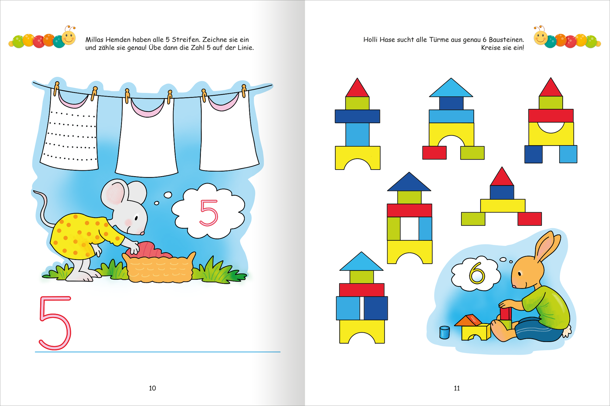 Gezeigt wird eine Innen- oder Zusatzansicht von „Lernraupe – Mein Übungsheft – Mengen und Zahlen“. Die linke Seite zeigt eine Illustration einer Maus, die Wäsche aufhängt, neben der Zahl „5“ in großer, roter Schrift. Die rechte Seite beinhaltet eine Zeichnung eines Hasen, der mit bunten Bauklötzen spielt und die Zahl „6“ aus bunten Blocktürmen gestaltet. Die Farbpalette umfasst helle Rot-, Blau- und Gelbtöne, wobei die Typografie klar und gut lesbar ist.
