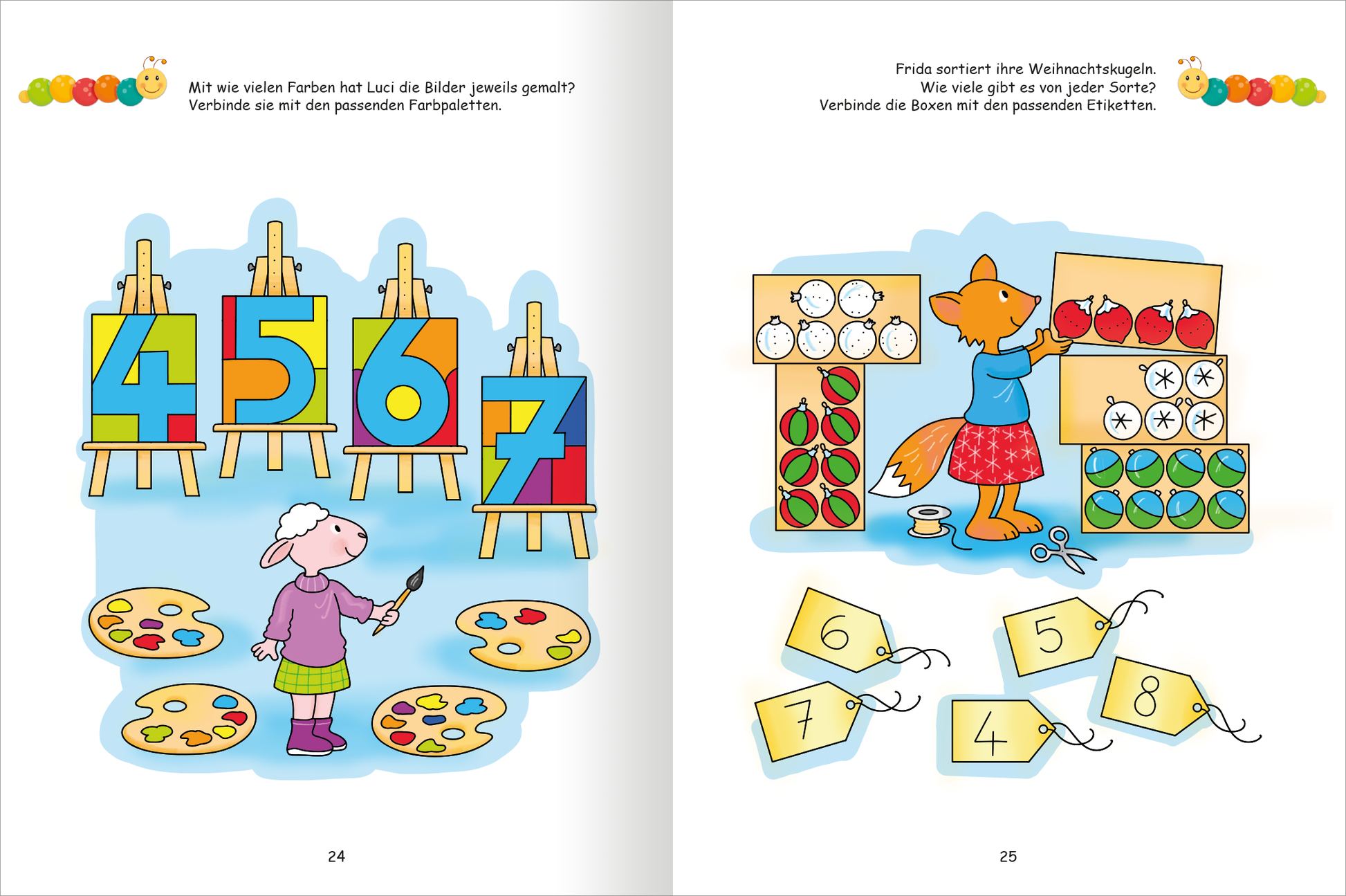 Gezeigt wird eine Innen- oder Zusatzansicht von „Lernraupe – Mein Übungsheft – Mengen und Zahlen“. Auf der linken Seite sind bunte, nummerierte Tafeln (4, 5, 6, 7) dargestellt, umgeben von bunte Farbpaletten und einem Kind, das malt. Die rechte Seite zeigt eine Cartoon-Figur, die Weihnachtskugeln sortiert, sowie farbige Etiketten mit Zahlen (6, 5, 4, 8). Die Gestaltung ist freundlich und kindergerecht, die Farben sind leuchtend und einladend. Die Schrift ist klar und gut lesbar.