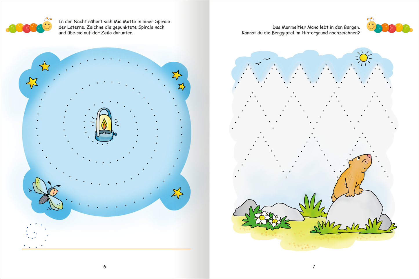 Gezeigt wird eine Innen- oder Zusatzansicht von „Lernraupe – Mein Übungsheft – Schwungübungen“. Die linke Seite zeigt eine helle, blaue Fläche mit einem zentralen, cartoonhaften Lichtlein und glitzernden Sternen. Umrandet ist sie von einer gewellten Form. Die rechte Seite zeigt einen bunten Hintergrund mit einer sanften grünen Wiese, auf der ein Murmeltier sitzt. Die Typografie ist kinderfreundlich und gut lesbar, mit klaren Anweisungen in großen, bunten Buchstaben.