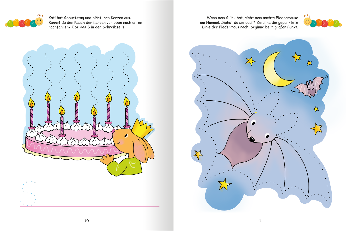 Gezeigt wird eine Innen- oder Zusatzansicht von „Lernraupe – Mein Übungsheft – Schwungübungen“. Auf der linken Seite ist eine fröhliche Abbildung eines Kaninchens mit einer Krone, das eine mehrstöckige Geburtstags-Torte mit brennenden Kerzen betrachtet. Die Torte ist in sanften Rosa- und Blautönen gehalten. Auf der rechten Seite ist eine Nachtlandschaft mit einer Flügelmaus vor einem Sternenhimmel sowie dem Mond, alles in hellen Blau- und Lilatönen. Die Schrift ist farbenfroh und...