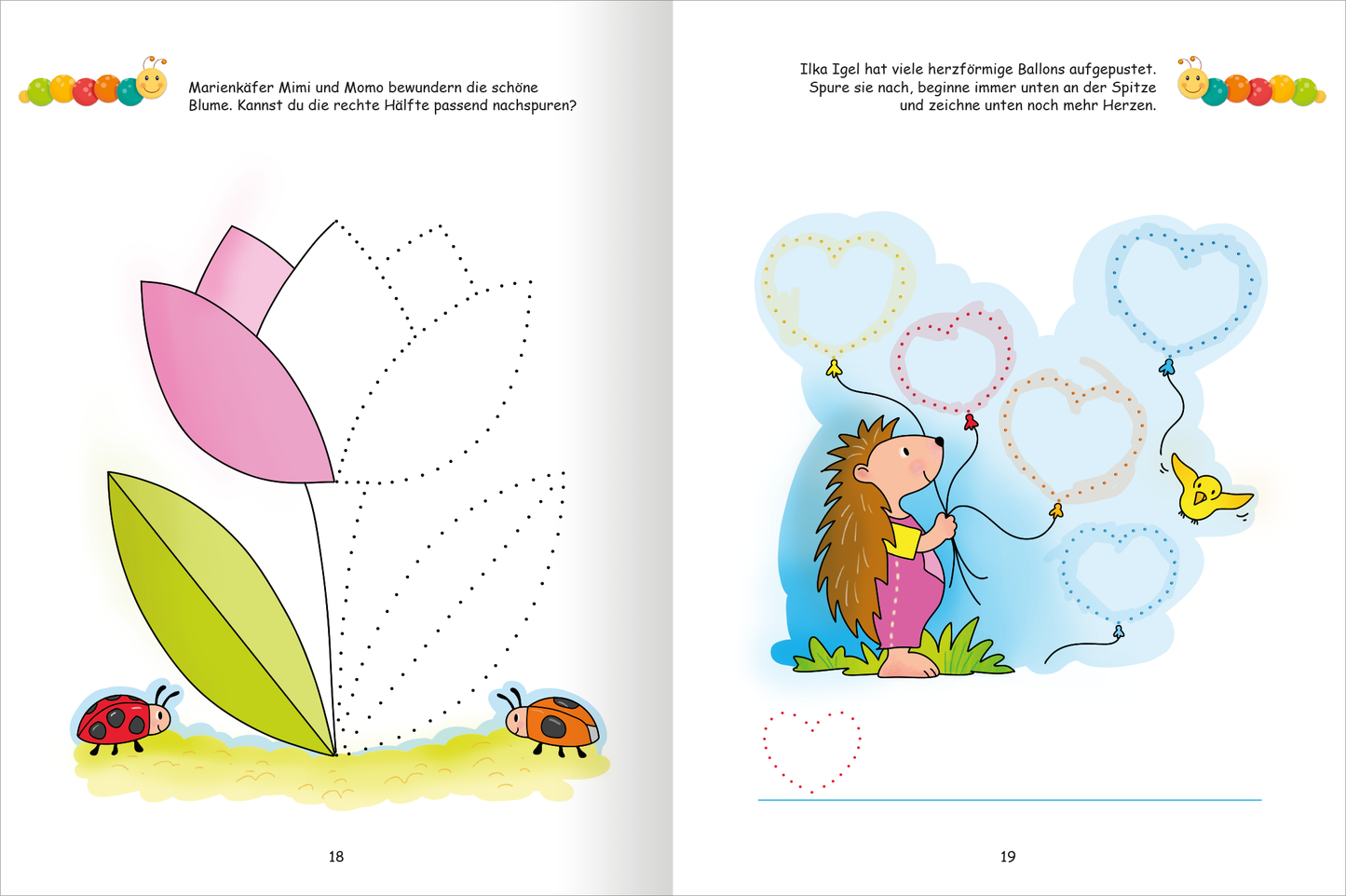 Gezeigt wird eine Innen- oder Zusatzansicht von „Lernraupe – Mein Übungsheft – Schwungübungen“. Die Seite ist hell und farbenfroh gestaltet. Links sieht man eine große, aus bunten, geometrischen Formen bestehende Blume mit einer durchgezogenen Kontur und Punktlinien zum Nachzeichnen. Rechts steht ein Igel, der bunte Herzballons hält. Die fröhlichen Farben wie Pink, Gelb und Grün sowie die verspielte Typografie fördern die kindgerechte Ansprache.