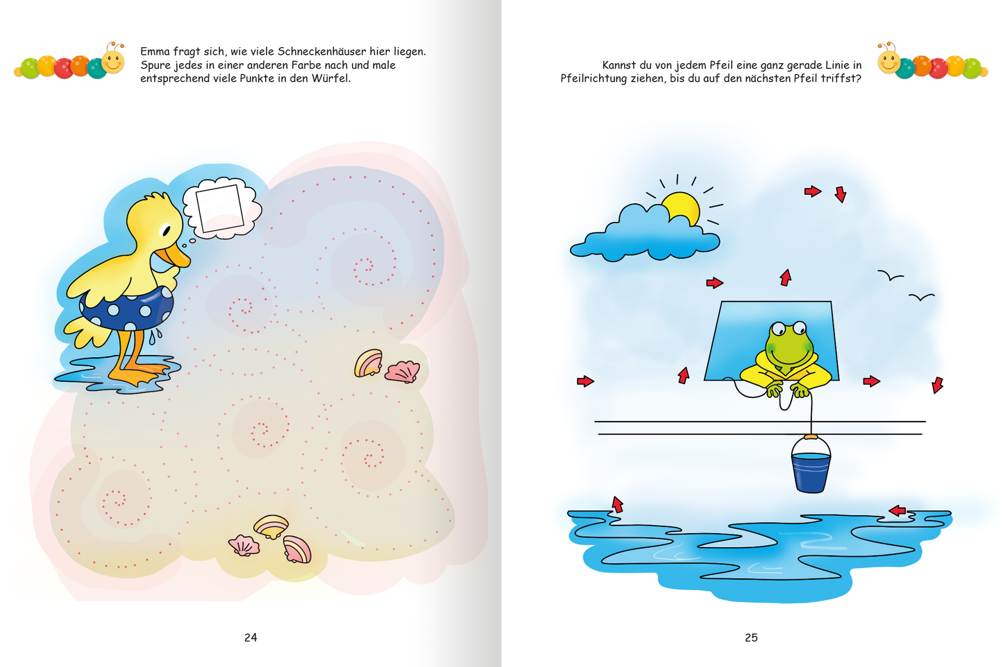 Gezeigt wird eine Innen- oder Zusatzansicht von „Lernraupe – Mein Übungsheft – Schwungübungen“. Auf der linken Seite ist ein gelbes Entenküken abgebildet, das auf einer farbigen Welle steht und von bunten Schneckenhäusern umgeben ist. Die Hintergrundfarbe ist sanft rosa und beige, mit spiralförmigen Linien. Auf der rechten Seite sitzt ein Frosch an einem Fenster und blickt auf einen blauen Teich. Die Sonne scheint hell, umgeben von Wolken. Die Schrift ist bunt, kindgerecht und gut...