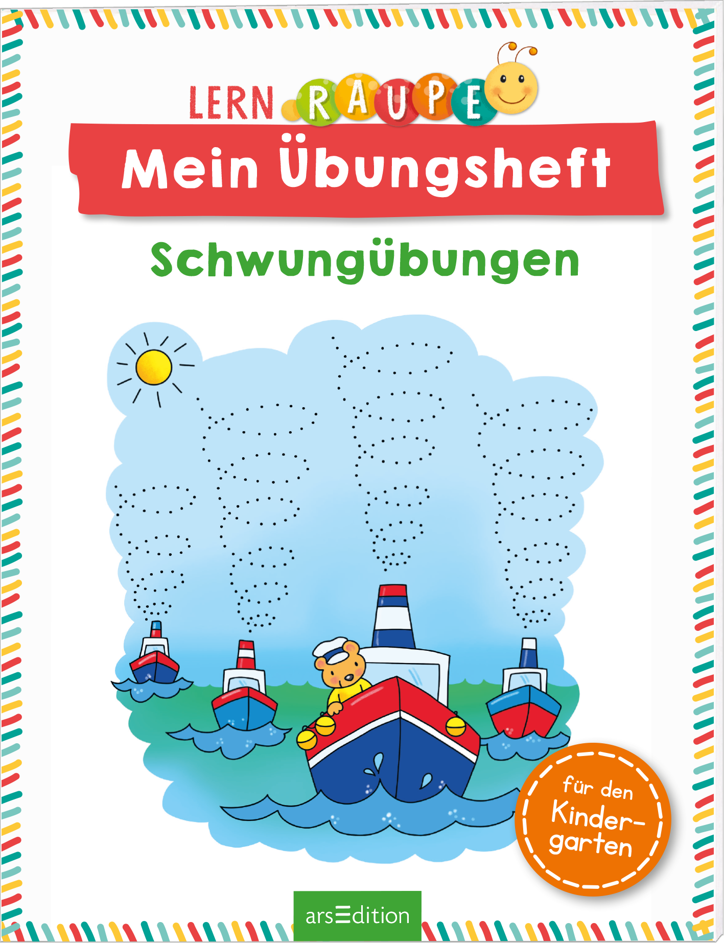 Auf dem Cover ist der Titel „Mein Übungsheft“ in roter, großer Schrift zu sehen, darüber steht das Wort „LERNRAUPE“ in bunten Buchstaben. Darunter steht „Schwungübungen“ in einer klaren, grünen Schrift. Die Illustration zeigt zwei bunte Boote, die mit Rauch und Wellen auf einem hellblauen Wasser fahren. Im Himmel strahlt eine gelbe Sonne und Wolken sind leicht angedeutet. Unten rechts befindet sich ein oranger Button mit dem Text „für den Kindergarten“. Ganz unten mittig...
