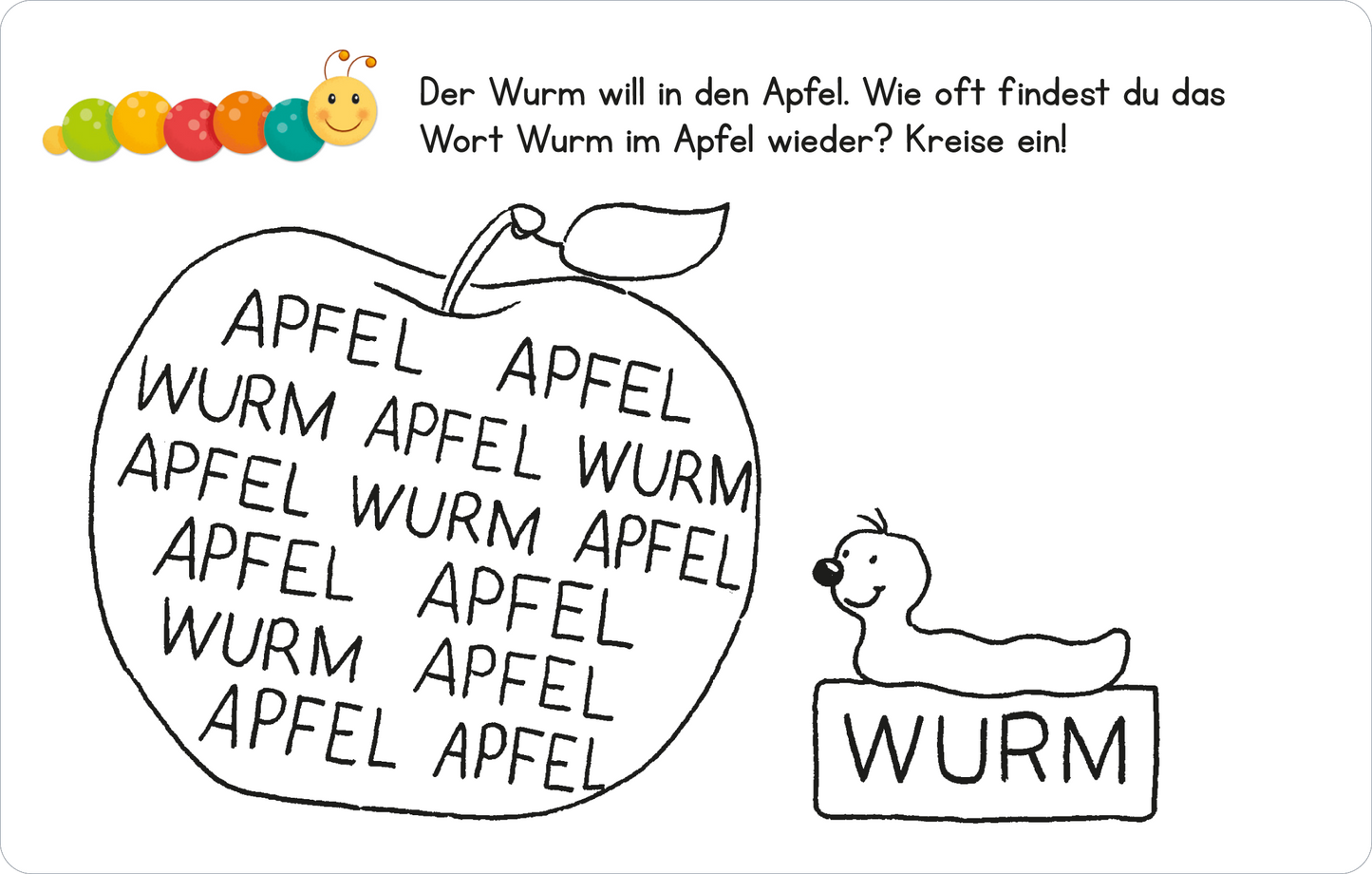 Gezeigt wird eine Innen- oder Zusatzansicht von „Lernraupe – Wortspiele“. Das Bild zeigt einen großen, gezeichneten Apfel in Schwarz-Weiß, der in seinem Inneren mehrfach das Wort „APFEL“ und „WURM“ anzeigt. Daneben ist ein lustig gezeichneter Wurm mit einem Gesicht zu sehen, der auf einer kleinen Box steht, in der „WURM“ geschrieben steht. Oben links befindet sich ein fröhliches, bunten Käfer-Logo. Der Text ist klar lesbar und weckt Interesse für das Wortspiel.