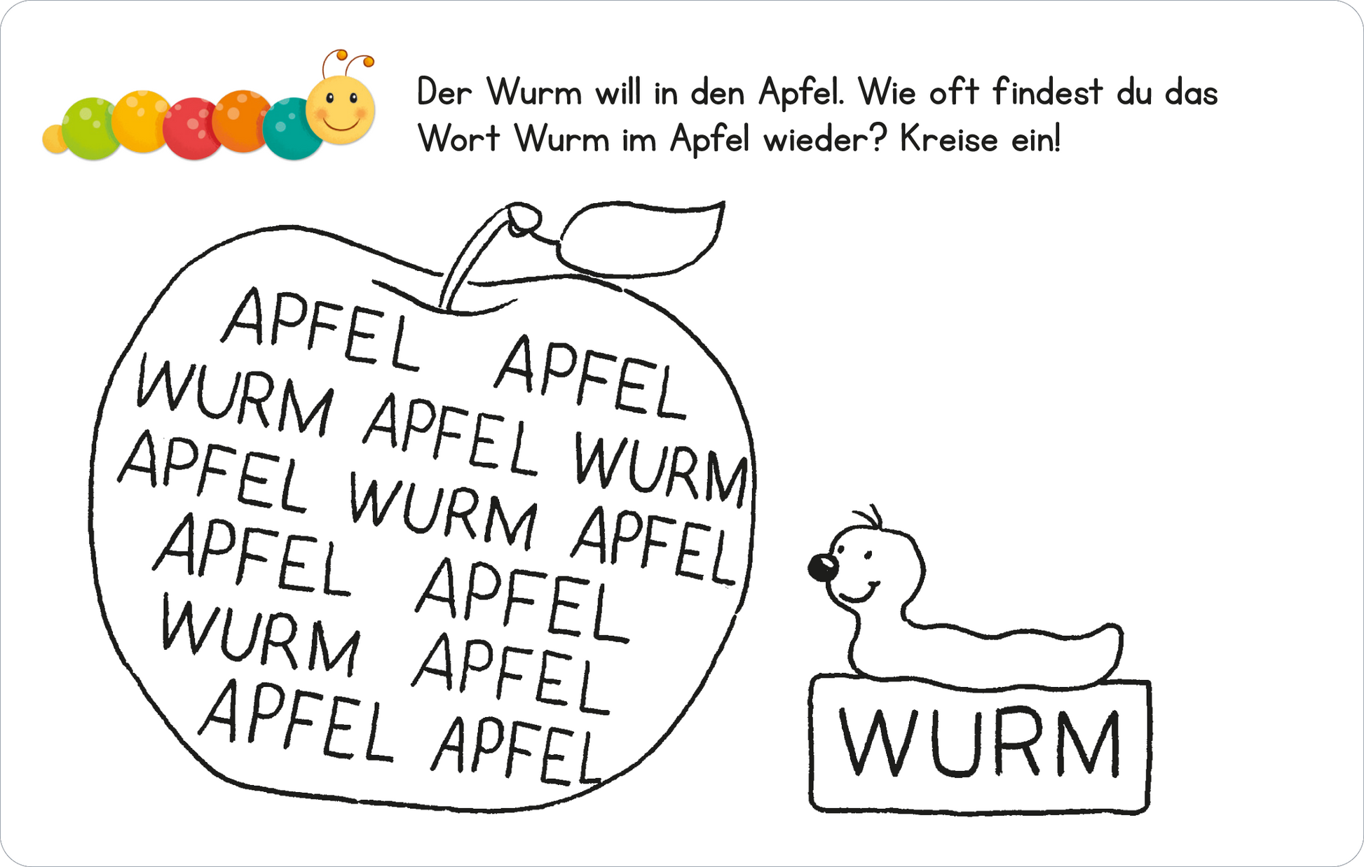 Gezeigt wird eine Innen- oder Zusatzansicht von „Lernraupe – Wortspiele“. Das Bild zeigt einen großen, gezeichneten Apfel in Schwarz-Weiß, der in seinem Inneren mehrfach das Wort „APFEL“ und „WURM“ anzeigt. Daneben ist ein lustig gezeichneter Wurm mit einem Gesicht zu sehen, der auf einer kleinen Box steht, in der „WURM“ geschrieben steht. Oben links befindet sich ein fröhliches, bunten Käfer-Logo. Der Text ist klar lesbar und weckt Interesse für das Wortspiel.