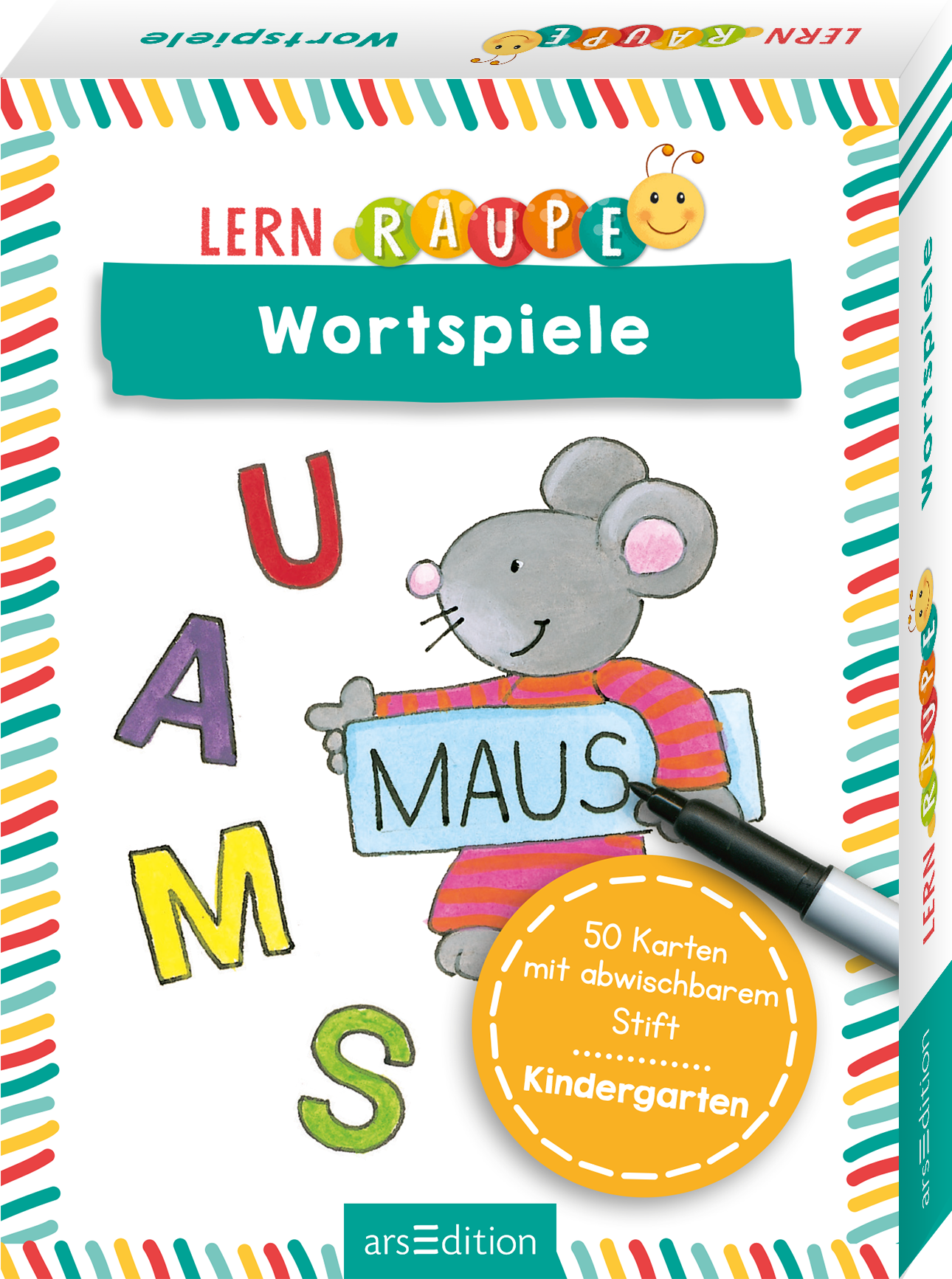 Das Buchcover zeigt eine freundliche Maus, die ein Schild mit dem Wort „MAUS“ hält. Um die Maus herum sind bunte Buchstaben in verschiedenen Farben angeordnet: U, A, M, S. Der Titel „LERNRAUPE“ steht in bunten Buchstaben oberhalb der Maus, während der Untertitel „Wortspiele“ in einer hellen grünen Schrift darunter platziert ist. In der unteren linken Ecke ist der Hinweis „50 Karten mit abwaschbarem Stift“ zu sehen. Ganz unten mittig steht der Logoschriftzug von arsEdition.