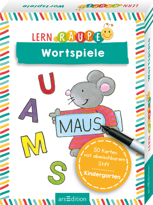 Das Buchcover zeigt eine freundliche Maus, die ein Schild mit dem Wort „MAUS“ hält. Um die Maus herum sind bunte Buchstaben in verschiedenen Farben angeordnet: U, A, M, S. Der Titel „LERNRAUPE“ steht in bunten Buchstaben oberhalb der Maus, während der Untertitel „Wortspiele“ in einer hellen grünen Schrift darunter platziert ist. In der unteren linken Ecke ist der Hinweis „50 Karten mit abwaschbarem Stift“ zu sehen. Ganz unten mittig steht der Logoschriftzug von arsEdition.