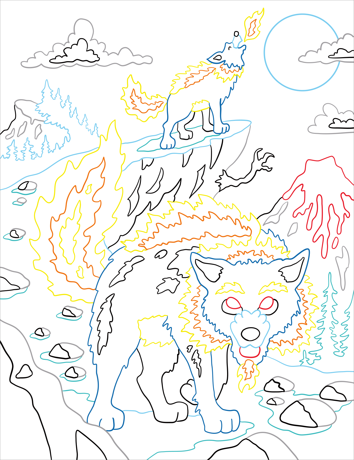 Gezeigt wird eine Innen- oder Zusatzansicht von „Zauberbilder – Monster und Drachen“. Die Illustration zeigt einen großen, furchterregenden Wolf mit Flammenmuster und leuchtenden Augen, umgeben von einem Berglandschaftssetting. Ein kleinerer, ebenso feuriger Wolf steht auf einem Felsen, während ein Mond im Hintergrund sichtbar ist. Die Hauptfarben sind kräftige Gelb- und Orangetöne, die die Flammen darstellen, sowie sanfte Blautöne für den Himmel und die Wolken. Die gezeichneten...