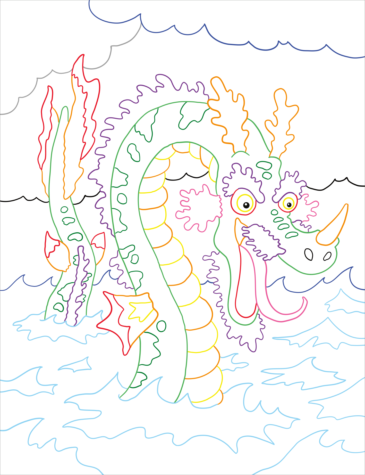 Gezeigt wird eine Innen- oder Zusatzansicht von „Zauberbilder – Monster und Drachen“. Die Illustration präsentiert ein fantasievolles Drachenwesen, das aus dem Wasser auftaucht. Es ist dominant in sanften Grüntönen gehalten, ergänzt durch lebendige Akzente in Rot und Gelb. Umgeben von Wellen und Wolken vermittelt die Darstellung eine magische Atmosphäre. Die Konturen sind klar und zeichnerisch, wodurch die skurrilen Gesichtszüge und die Details lebendig zur Geltung kommen.