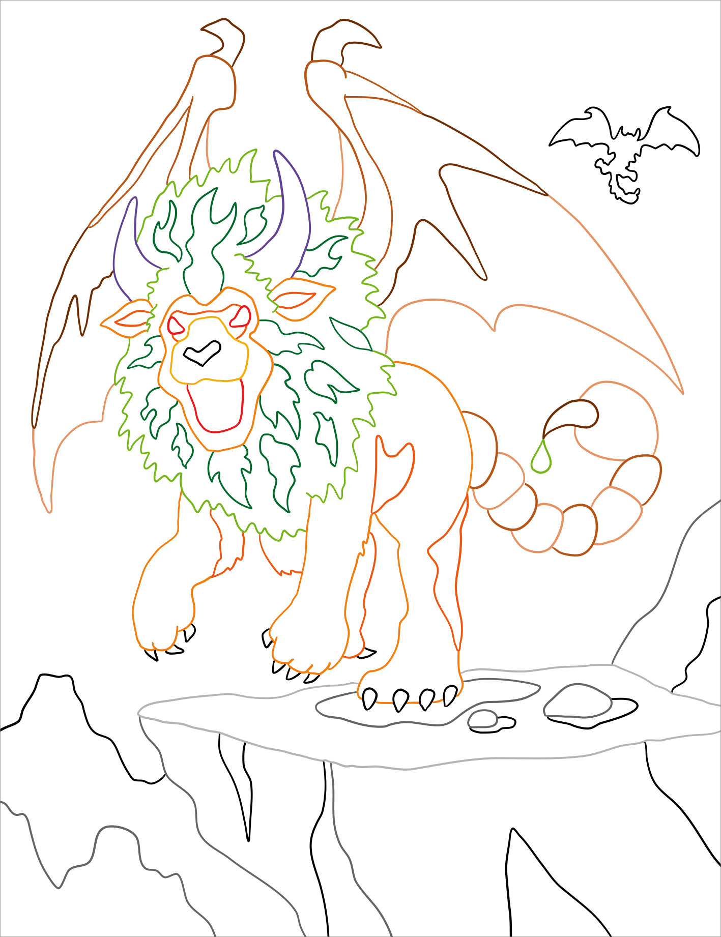 Gezeigt wird eine Innen- oder Zusatzansicht von „Zauberbilder – Monster und Drachen“. Die Illustration zeigt einen fantastischen, freundlichen Monster-Löwen mit grüner, lockiger Mähne und lila Hörnern. Der Löwe steht auf einem Felsen, umgeben von einfachen, skizzenhaften Landschaftselementen. Im oberen Bereich fliegt ein kleiner Drache, ebenfalls in Konturen dargestellt. Die Verwendung von sanften Farben und klaren Linien lädt zur kreativen Gestaltung ein.