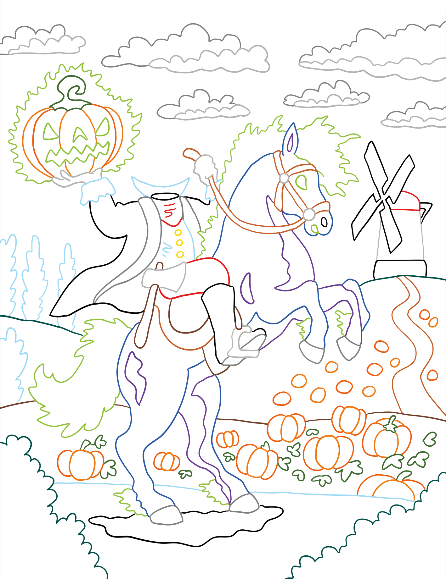 Gezeigt wird eine Innen- oder Zusatzansicht von „Zauberbilder – Monster und Drachen“. Die Abbildung zeigt eine fantasievolle Szene mit bunte Umrisszeichnungen eines Pferdes, das auf den Hinterbeinen steht. Auf dem Rücken des Pferdes sitzt eine Figur in einem kostbaren Kleid, die eine leuchtende Kürbislaterne hält. Im Hintergrund sind Wolken, ein Windrad und eine Landschaft mit Kürbissen zu sehen, die in sanften Farben skizziert sind. Die Typografie ist verschnörkelt und kindgerecht...