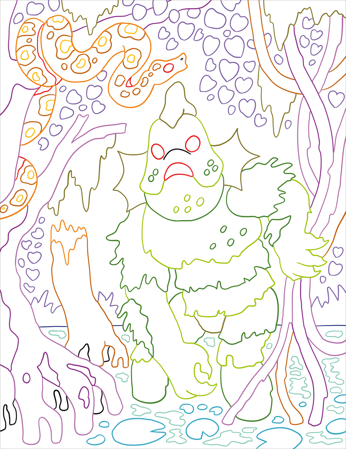 Gezeigt wird eine Innen- oder Zusatzansicht von „Zauberbilder – Monster und Drachen“. Die Illustration zeigt ein fantasievolles Szenario mit einem großen, kreativen Monster, das in einem dichten, verwachsenen Wald steht. Die Farben sind in Pastelltönen gehalten, wobei besonders auffällige Linien in Blau, Grün und Gelb hervortreten. Außerdem sind stilisierte Elemente wie eine Schlange und Wassertropfen dargestellt. Die Typografie ist verspielt und kindgerecht, ideal für junge...