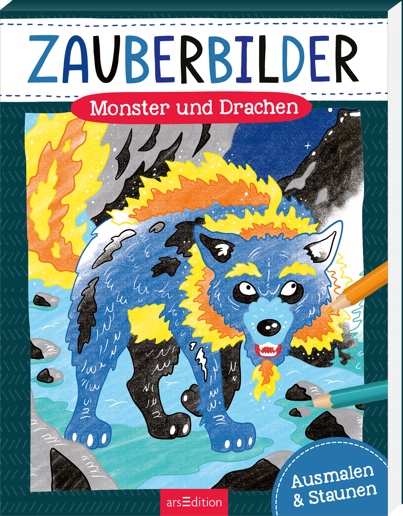 Auf dem Cover des Buches „Zauberbilder: Monster und Drachen“ ist ein blauer, feuerspeiender Wolf abgebildet, umgeben von auffälligen Farbübergängen in Gelb, Orange und Schwarz. Der Titel „ZAUBERBILDER“ erscheint in großen, fantasievollen Buchstaben oben, während der Untertitel „Monster und Drachen“ in einer rot-weißen Schrift auf einem runden Hintergrund hervorsticht. Die Atmosphäre ist lebhaft und fesselnd, geeignet für kreative Entfaltung. Ganz unten mittig steht der...