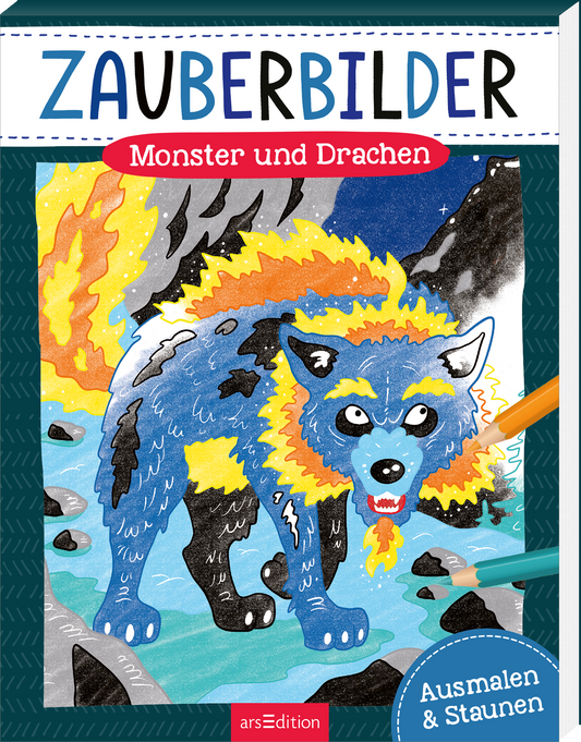 Auf dem Cover des Buches „Zauberbilder: Monster und Drachen“ ist ein blauer, feuerspeiender Wolf abgebildet, umgeben von auffälligen Farbübergängen in Gelb, Orange und Schwarz. Der Titel „ZAUBERBILDER“ erscheint in großen, fantasievollen Buchstaben oben, während der Untertitel „Monster und Drachen“ in einer rot-weißen Schrift auf einem runden Hintergrund hervorsticht. Die Atmosphäre ist lebhaft und fesselnd, geeignet für kreative Entfaltung. Ganz unten mittig steht der...