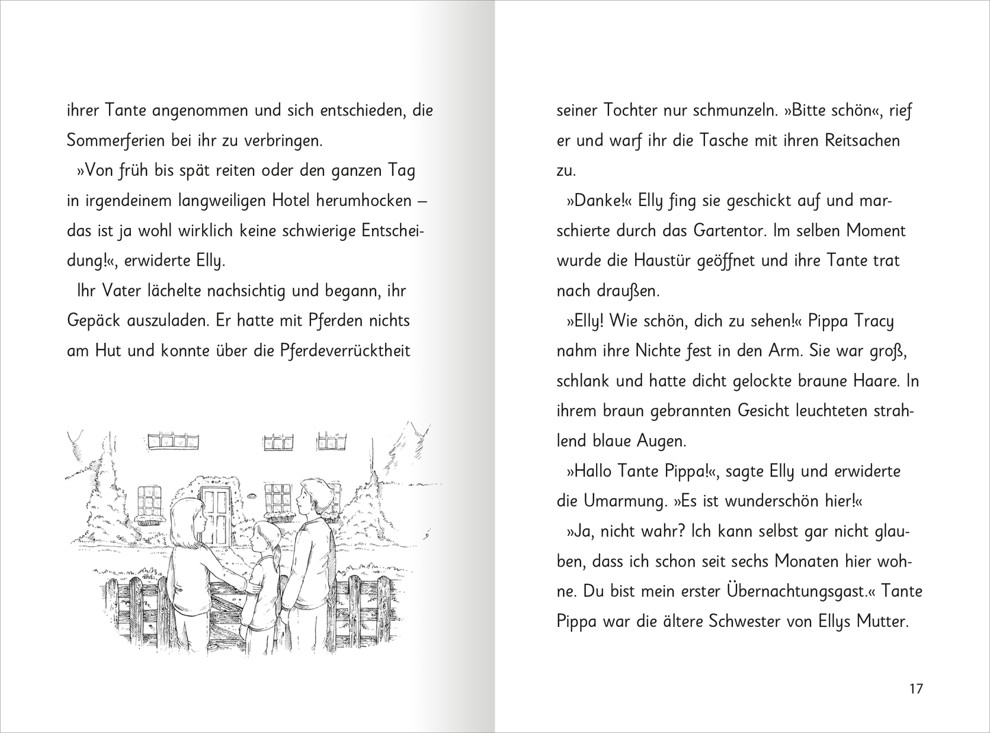 Gezeigt wird eine Innen- oder Zusatzansicht von „Zauberponys – Magische Ferienzeit“. Die Seite zeigt eine schwarz-weiße Illustration, die zwei Kinder vor einem klassischen, zweigeschossigen Haus darstellt. Das Haus hat eine helle Fassade mit einem rotem Dach. Text in einem klaren, gut lesbaren Schriftbild beschreibt die Handlung. Die Schrift ist in einer angenehmen Größe und gut strukturiert, wodurch der Inhalt leicht zu erfassen ist. Die gesamte Gestaltung vermittelt eine einladende...