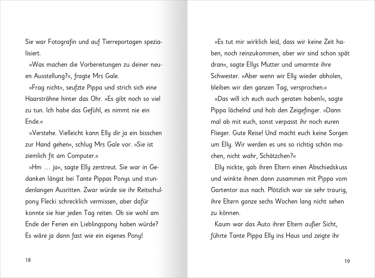 Gezeigt wird eine Innen- oder Zusatzansicht von „Zauberponys – Magische Ferienzeit“. Die Seiten sind in sanften Pastellfarben gehalten, wobei helles Rosa und sanftes Blau dominieren. Die Typografie ist kinderfreundlich und gut lesbar, mit einer klaren Schriftart, die den Text in kurzen Absätzen strukturiert. Illustrationen von Ponys in verschiedenen Posen fügen sich harmonisch in die Seiten ein und unterstützen die lebhafte Erzählung der Geschichten.