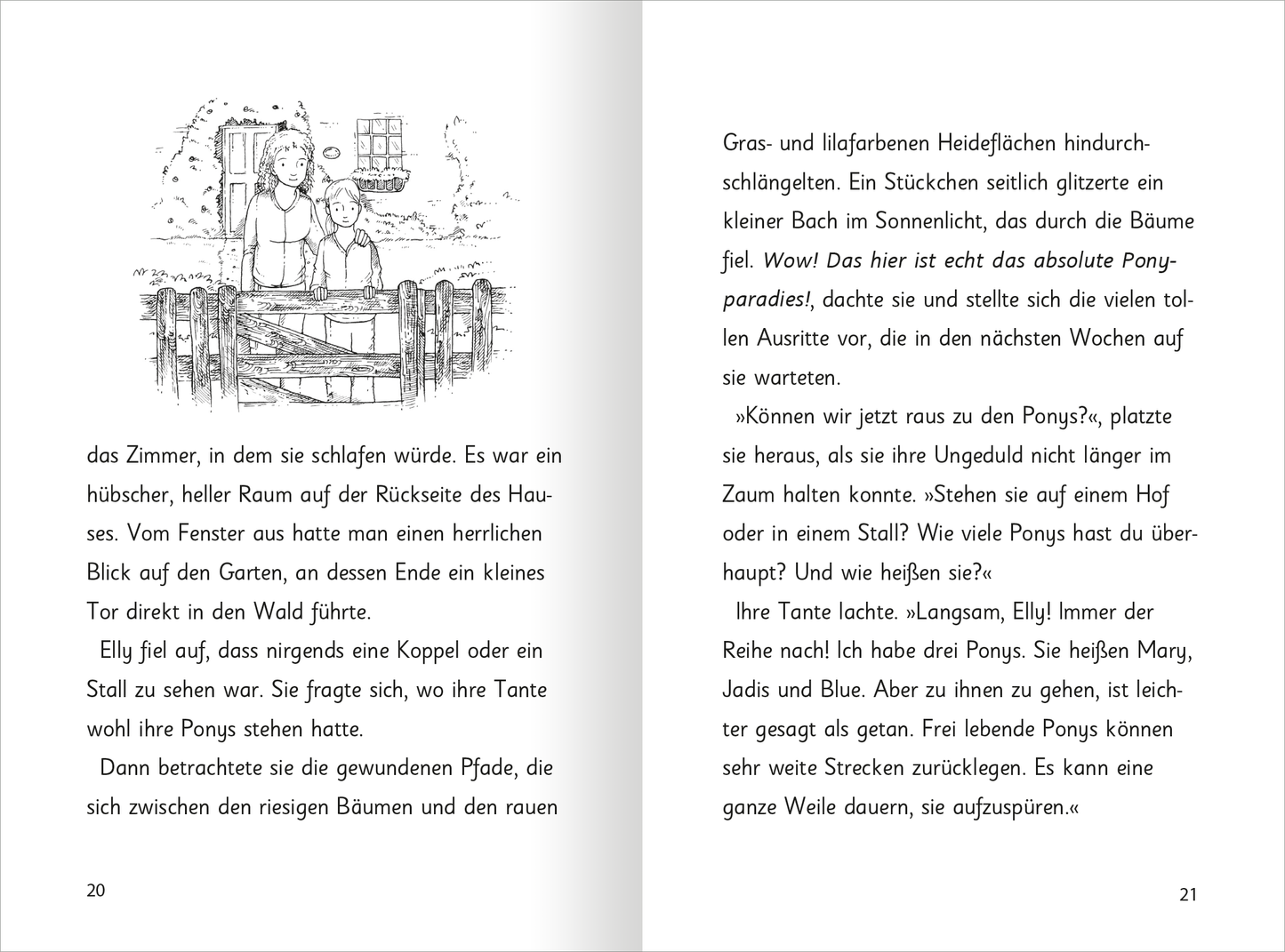 Gezeigt wird eine Innen- oder Zusatzansicht von „Zauberponys – Magische Ferienzeit“. Die Seiten sind in sanften, hellen Farbtönen gehalten, mit klarer, gut lesbarer Typografie. Auf der linken Seite ist eine handgezeichnete Schwarz-Weiß-Illustration zu sehen, die zwei Kinder an einem Zaun zeigt, umgeben von Bäumen und einem Gartenausschnitt. Auf der rechten Seite befindet sich der fortlaufende Text, der in freundlichem, verspieltem Stil die Geschichte beschreibt. Die Gesamtgestaltung...