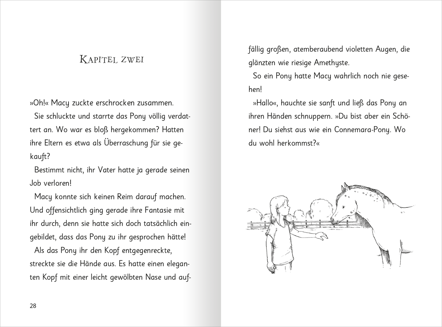 Gezeigt wird eine Innen- oder Zusatzansicht von „Zauberponys – Magische Ferienzeit“. Der Text ist in freundlicher, serifenloser Typografie gesetzt und erscheint in dunkler Farbe auf hellem Hintergrund. Die Seiten zeigen eine handgezeichnete Illustration eines Mädchens und eines Ponys, umgeben von einem sanften Rahmen. Die Bildbeschreibung deutet auf die magische Atmosphäre der Handlung hin, während die Darstellung der Charaktere und die Verwendung von zeitlosem Design die Fantasie...