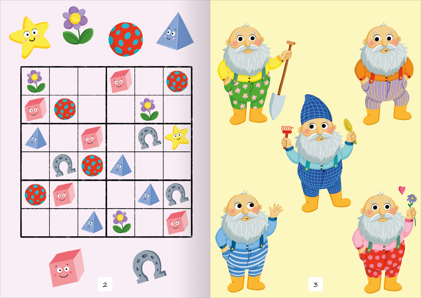 Gezeigt wird eine Innen- oder Zusatzansicht von „Magische Sticker-Rätsel“. Auf der linken Seite ist ein Rätselgitter mit bunten Formen wie einem roten Punkt, einem Quadrat, einem Dreieck und einer Blume auf pastellfarbenem Hintergrund. Die rechte Seite zeigt fröhliche, bärtige Zwerge in verschiedenen bunten Outfits, die mit Werkzeugen und Spielsachen interagieren. Die Farben sind lebhaft und einladend, während die spielerische Typografie die kindliche Kreativität anregt.