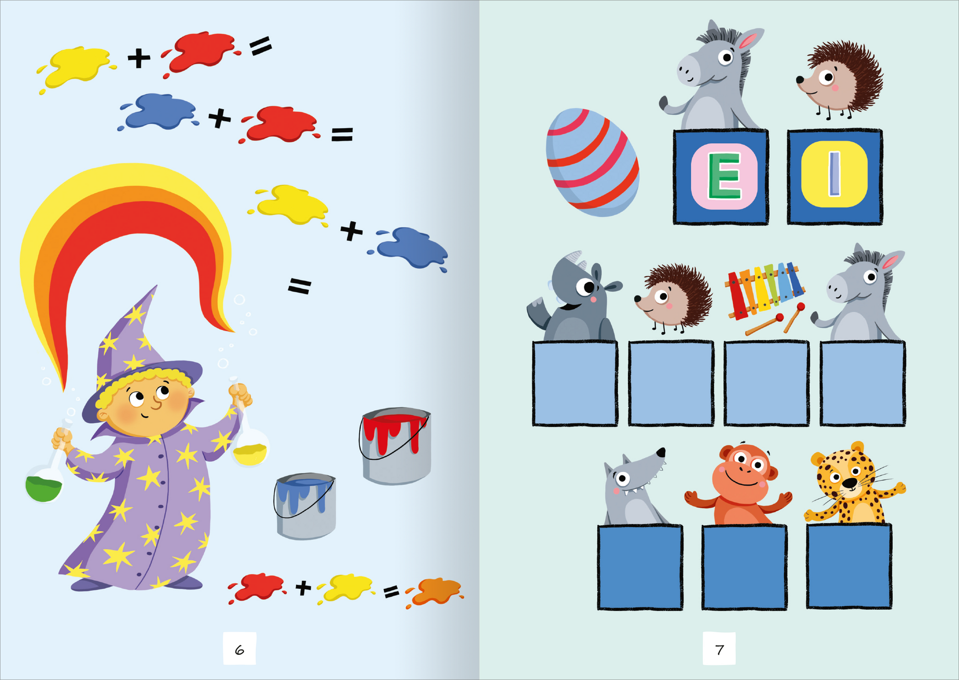 Gezeigt wird eine Innen- oder Zusatzansicht von „Magische Sticker-Rätsel“. Auf der linken Seite steht ein lächelnder Zauberer in violetter Robe mit gelben Sternen, der bunte Farbtöpfe und einen Regenbogen darstellt. Die rechte Seite zeigt Tiere wie ein graues Pferd, einen Igel und einen farbenfrohen, fröhlichen Charakter, die von bunten Kästen umgeben sind. Die stets helle Farbpalette und die klaren, großen Buchstaben fördern die Ansprache jüngerer Leser.