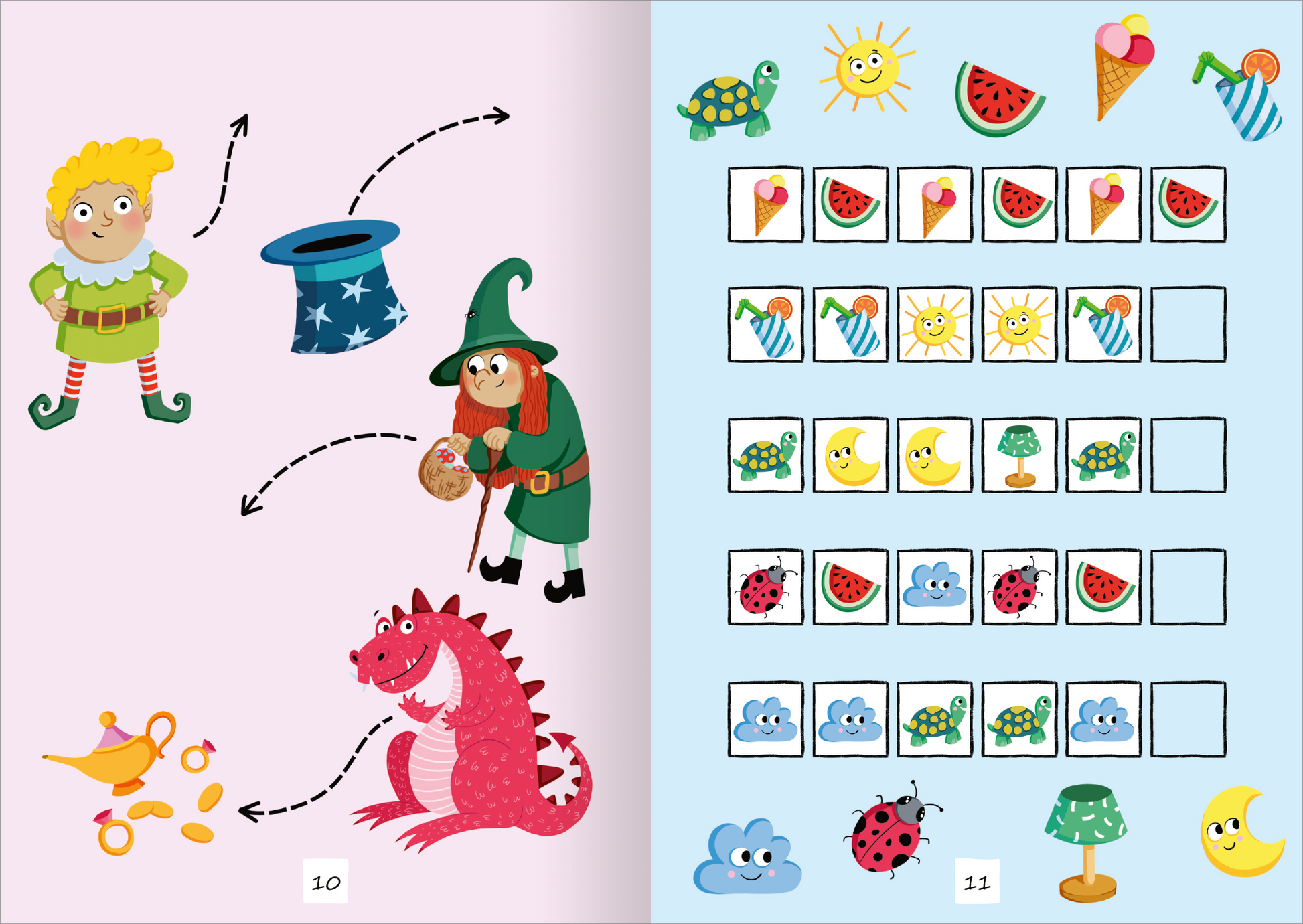 Gezeigt wird eine Innenansicht von „Magische Sticker-Rätsel“. Auf der linken Seite befindet sich ein rosa Hintergrund mit einem fröhlichen Zauberer und einem roten Drachen. Dazwischen verlaufen gestrichelte Linien. Die rechte Seite hat einen hellblauen Hintergrund und zeigt verschiedene bunte Elemente wie Sonne, Wassermelone und eine Schildkröte in einer geordneten Rasteranordnung. Die Zahlen und Illustrationen sind lebhaft gestaltet, wobei eine kindgerechte Schrift verwendet wird.